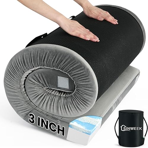 Sinweek Colchón de espuma viscoelástica CertiPUR-US impermeable portátil enrollable para adultos, colchón de cuna para automóvil, camioneta,