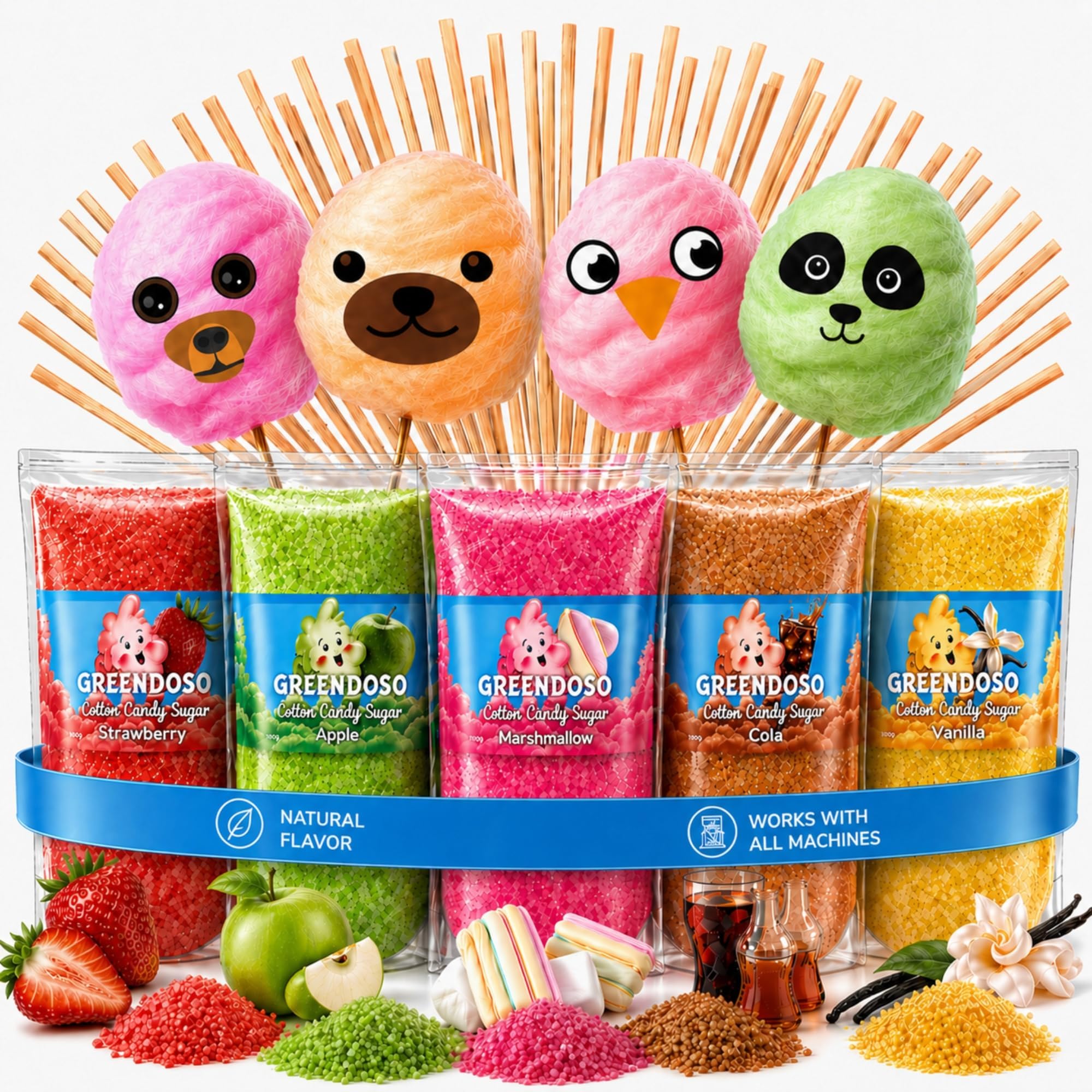 GREENDOSO® Candy Floss Sugar For Machine (5x160g) - Pack of 5 Flavours (Strawberry/Cola/Apple/Marshmallow/Vanilla) - Natural Colourings & Flavours - 20 Sticks - MADE IN FRANCE