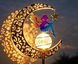 Solar Outdoor Garden Statue, Fairy Moon Figurine LED Light Stake, Waterproof Yard Lawn Pathway Patio Ornament, Unique Gift Ideas for Gardening