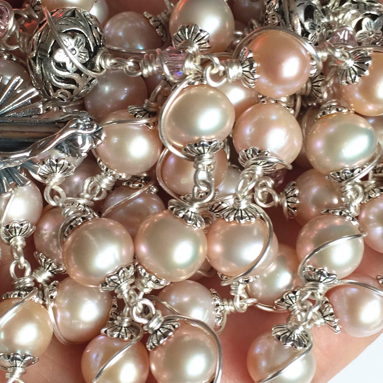 elegantmedical HANDMADE Wire Wrap Bali Sterling Silver Beads Real Pearl Catholic Rosary Necklace Cross