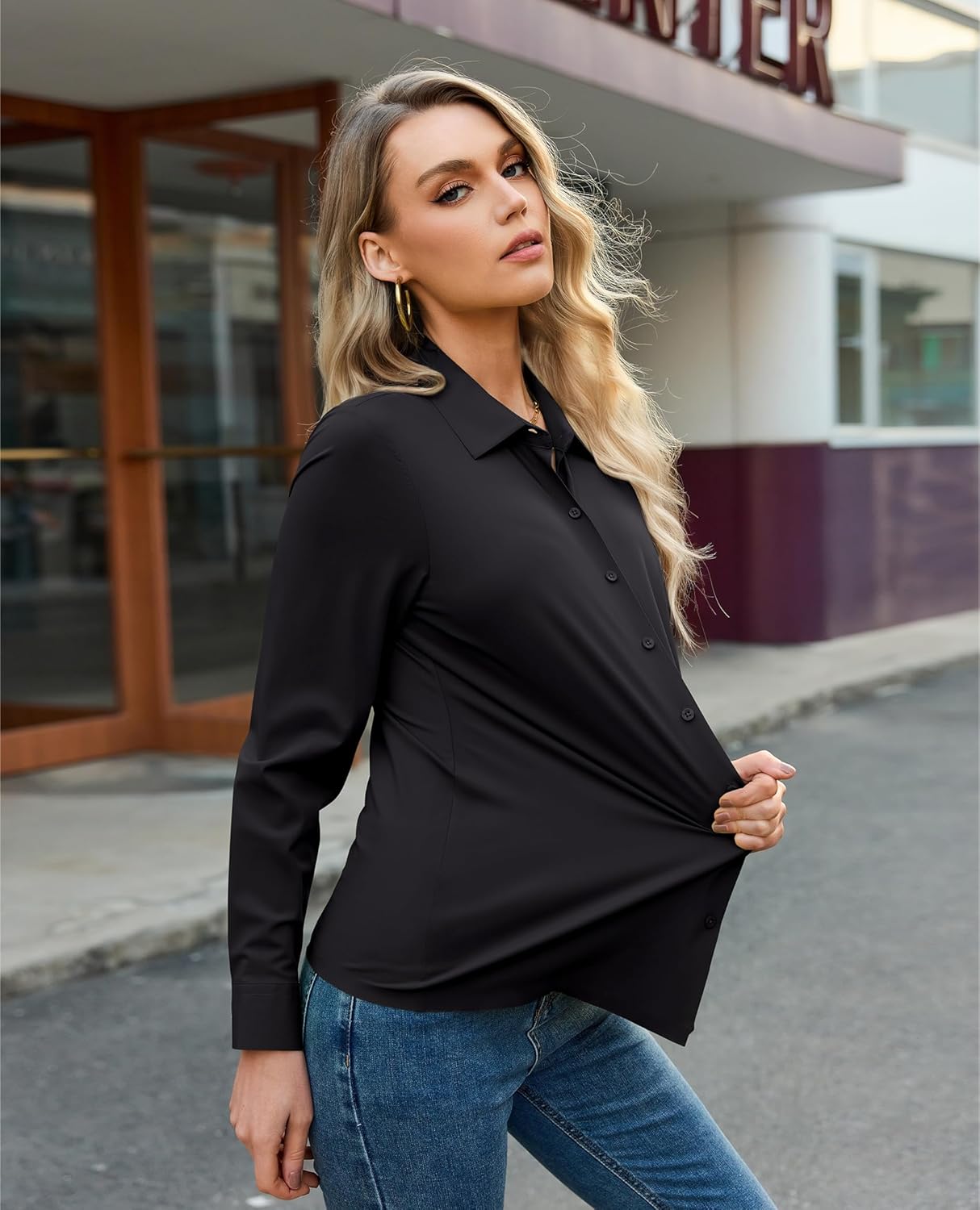 Women’s Button Down Shirt Slim Fit Stretch Wrinkle-Free Shirts for Women Long Sleeve Collared Work Blouse for Casual - Image 3
