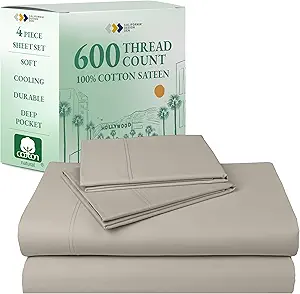California Design Den Hotel Quality King Bed Sheets Set - Luxury 600 Thread Count Sateen, Natural 100% Cotton King Sheet Set, Fully Elasticized Deep Pockets, Cool and Durable Bedding - Soft Linen