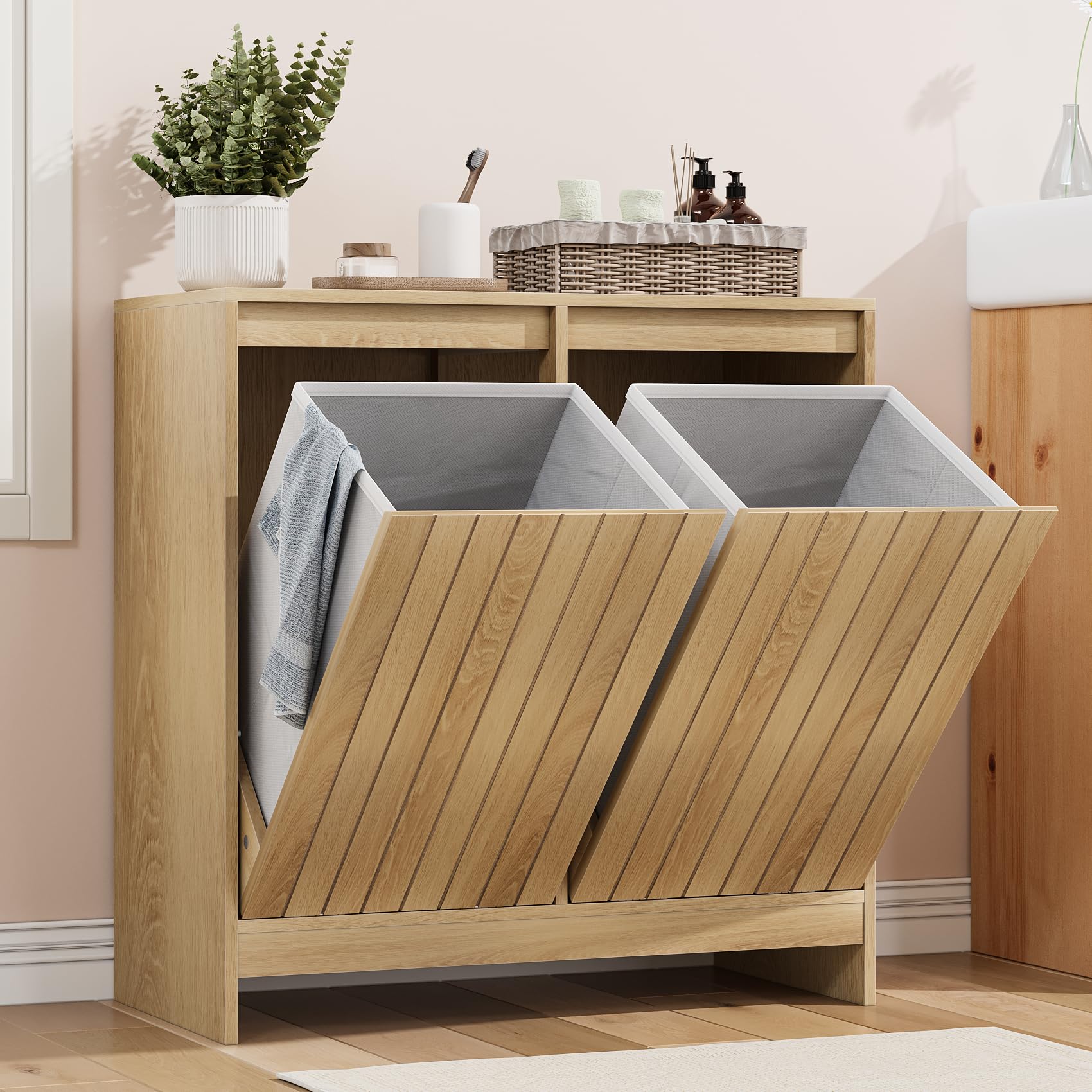 Smuxee Double Tilt Out Laundry Hamper Cabinet, Hidden Laundry Cabinet with Double Baskets, Natural Trash Can for Bathroom, Kitchen, Living Room