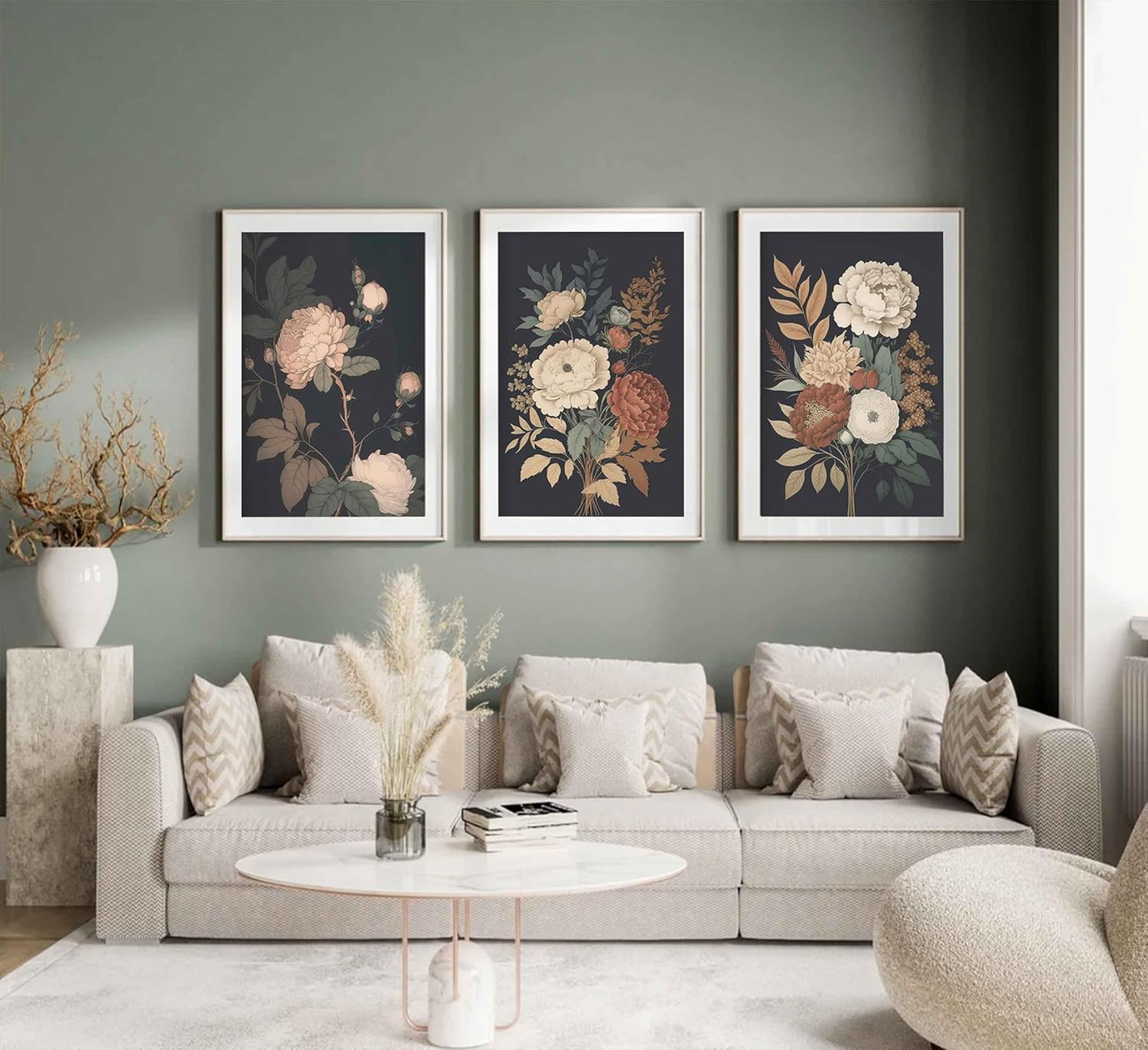 3Pcs Vintage Peony Flower Still Life Canvas Wall Art Rustic Dark Floral Plant Painting Picture Farmhouse Wall Decor Posters Print Artwork for Women's Room Living Room Bedroom Home Decoration Unframed