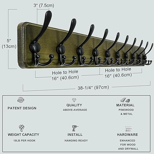 Miniatura 6 de Dseap Perchero de pared  38-14 pulgadas de largo, resistente, 10 tres ganchos, estilo madera de granero, perchero de pared para abrigos de invierno,