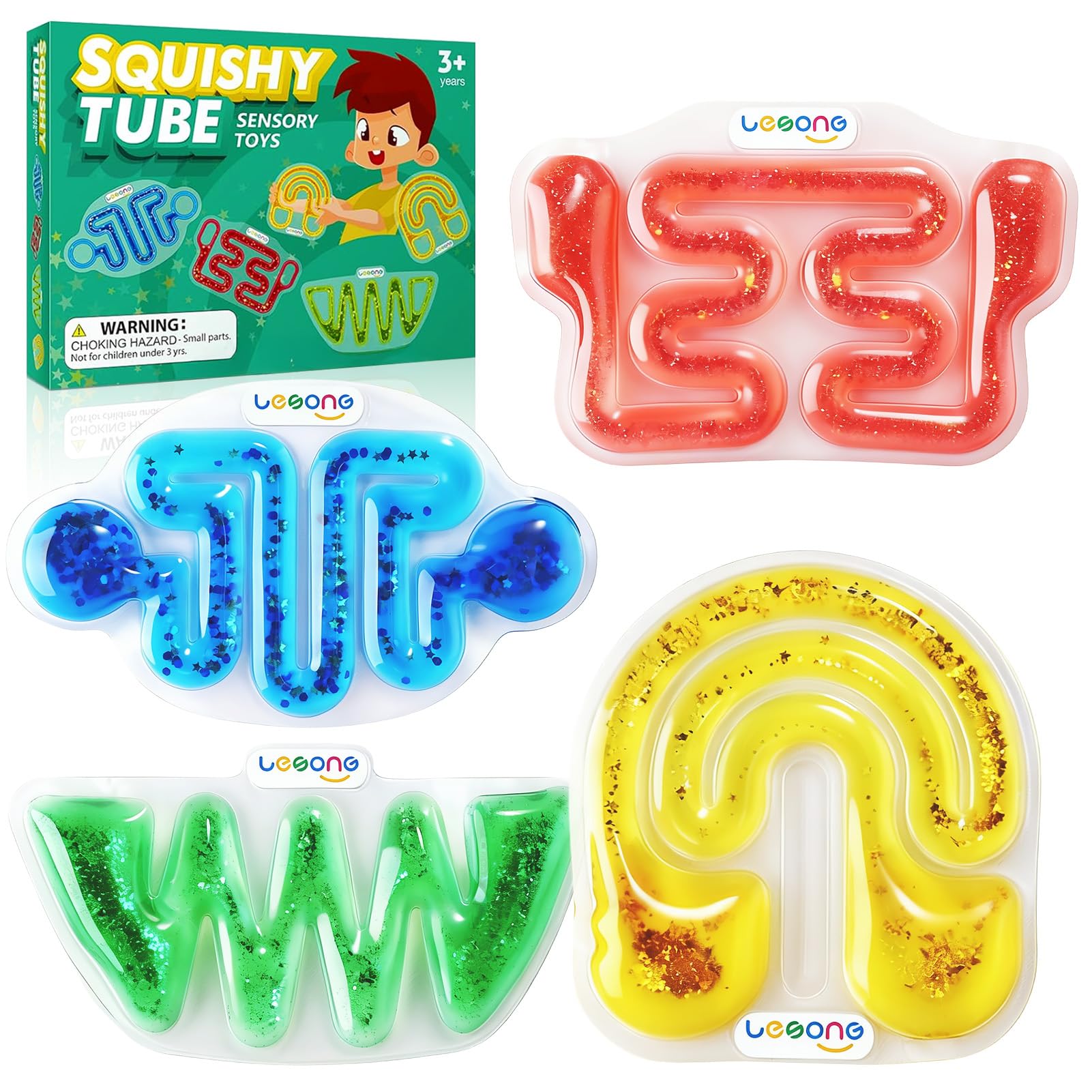 Squishy Sensory Fidget Toys for Kids - Autism Sensory Toys for Autistic Children Special Needs, Anxiety Relief Toys for Calm Down, Squeeze Sensory Tube Filled Goo, Glitter, Christmas Stocking Suffers