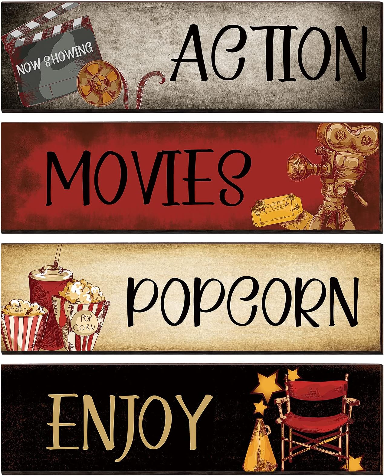 Yalikop 4 Pieces Movie Theater Decor Wooden Home Theater Decoration for Popcorn Enjoy Film Classic Decor Rustic Room Wall Media Room Wall Art(11 x 3 Inch)