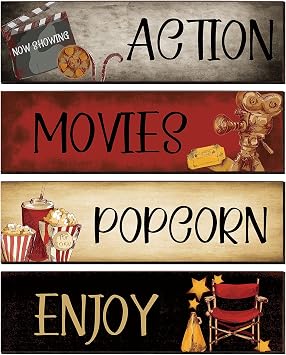 Yalikop 4 Pieces Movie Theater Decor Wooden Home Theater Decoration for Popcorn Enjoy Film Classic Decor Rustic Room Wall Media Room Wall Art11 x 3 Inch