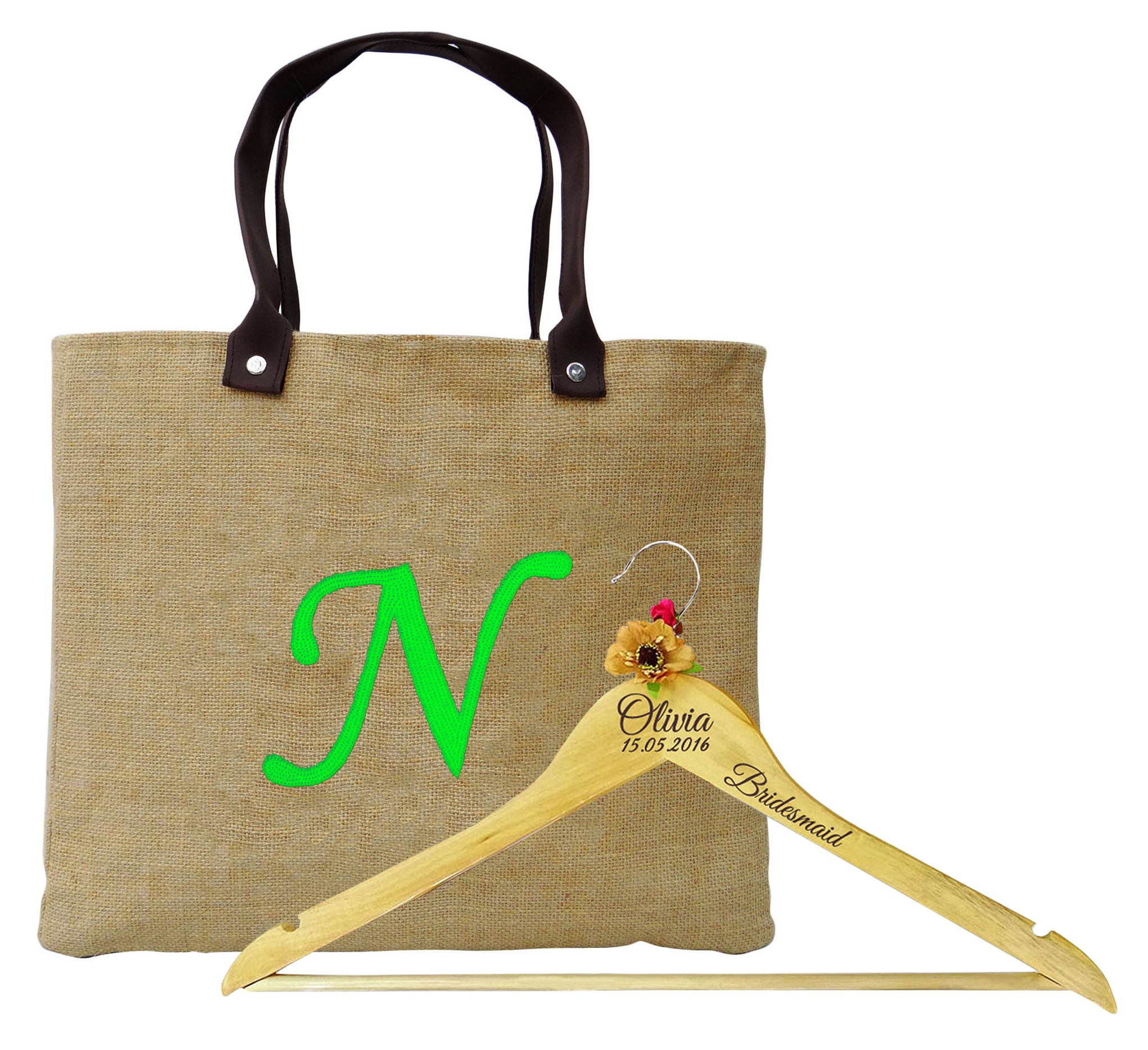 Darling Souvenir Yute Bolsa Inicial de Encargo con personlaized Nombre Grabado Favor Percha de Madera de la Boda le agradece Regalo