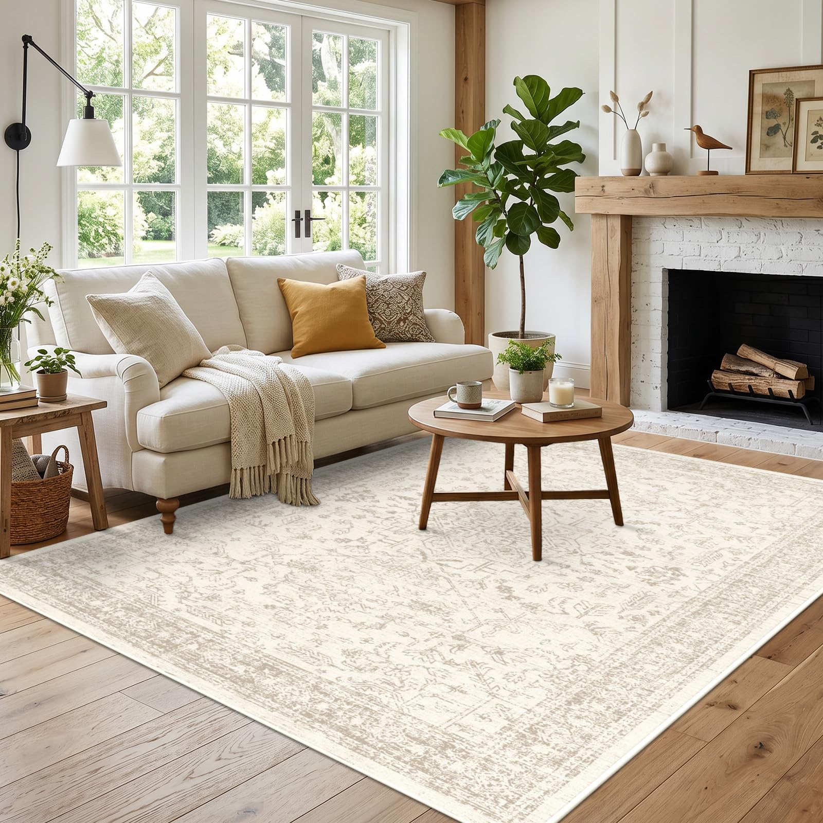 Tapis Vintage Beige 120x180cm Lavable antidérapant Poil Court pour Salon, Chambre, Bureau, Cuisine