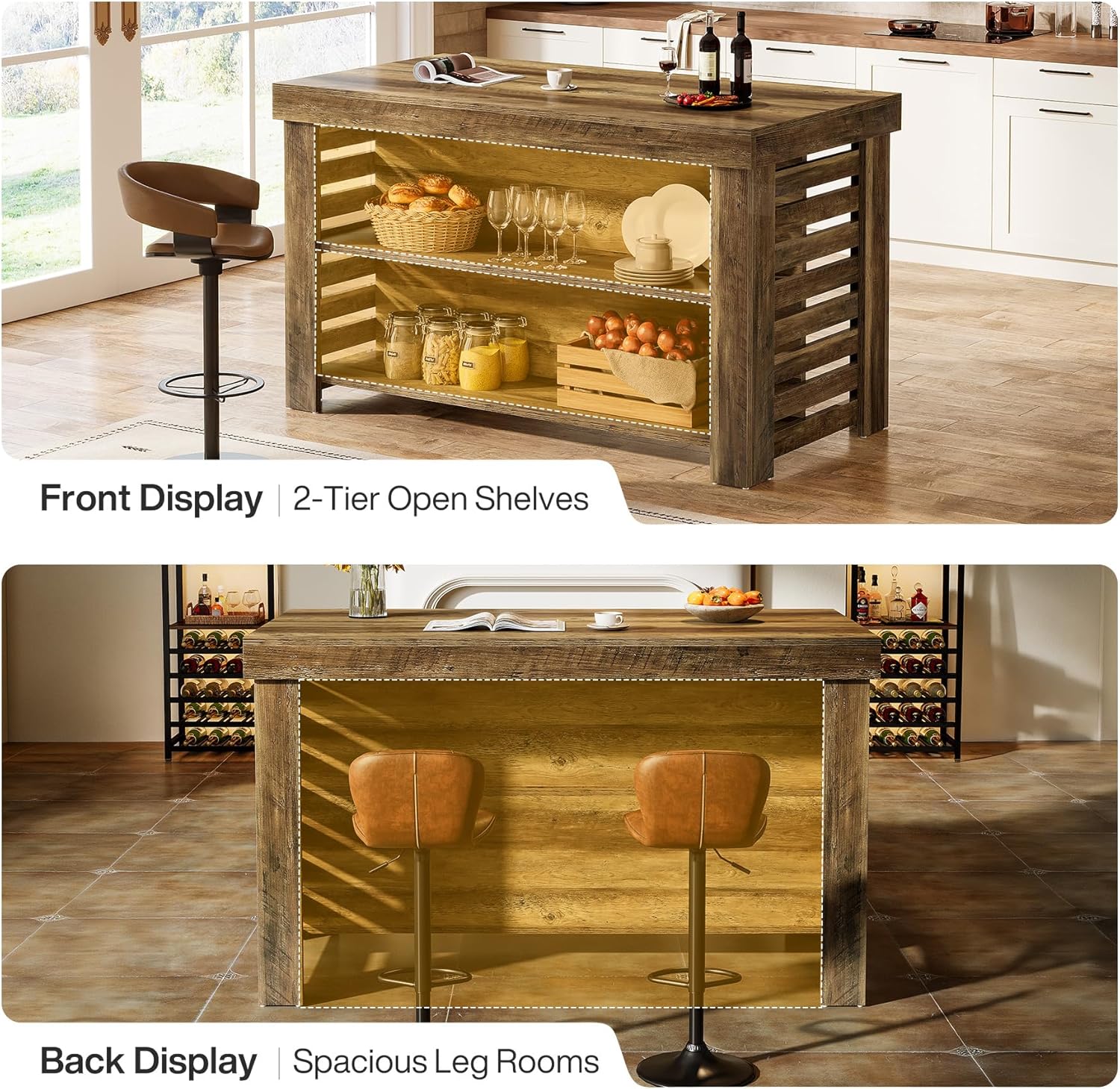 Tribesigns 55" Kitchen Island with Seating and Storage, 3-Tier Farmhouse Wood Stationary Island Table with Large Work Surface & Leg Room, Coffee Bar Table with Storage Shelves for Kitchen, Dark Brown