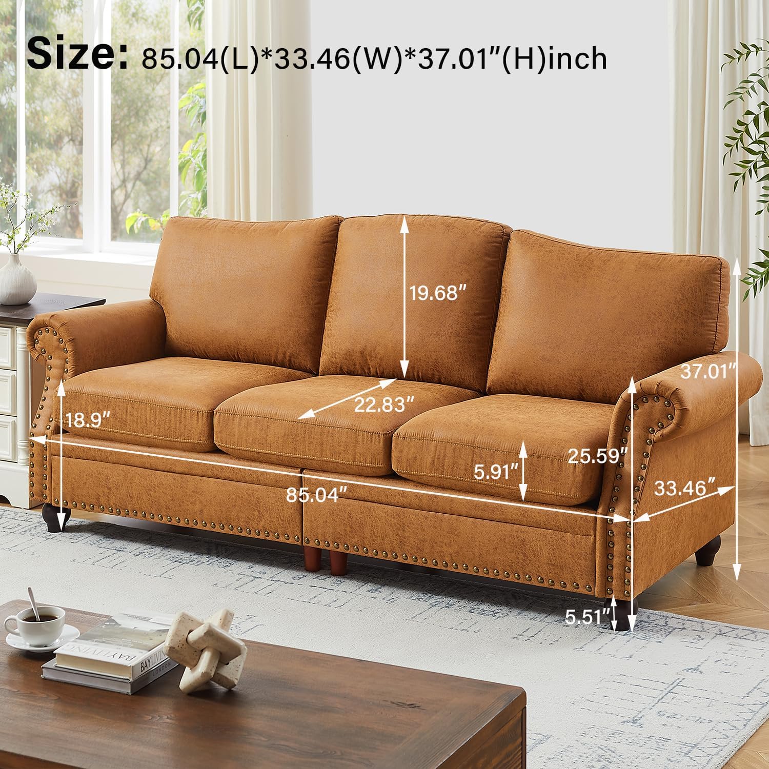 Faux Leather Couch for Living Room, Mid Century Modern Leather Sofa with Rolled Arm, Classic 3 Seat Brown Couches with Nailheads Trim, Big Comfy Couch with Deep Seat