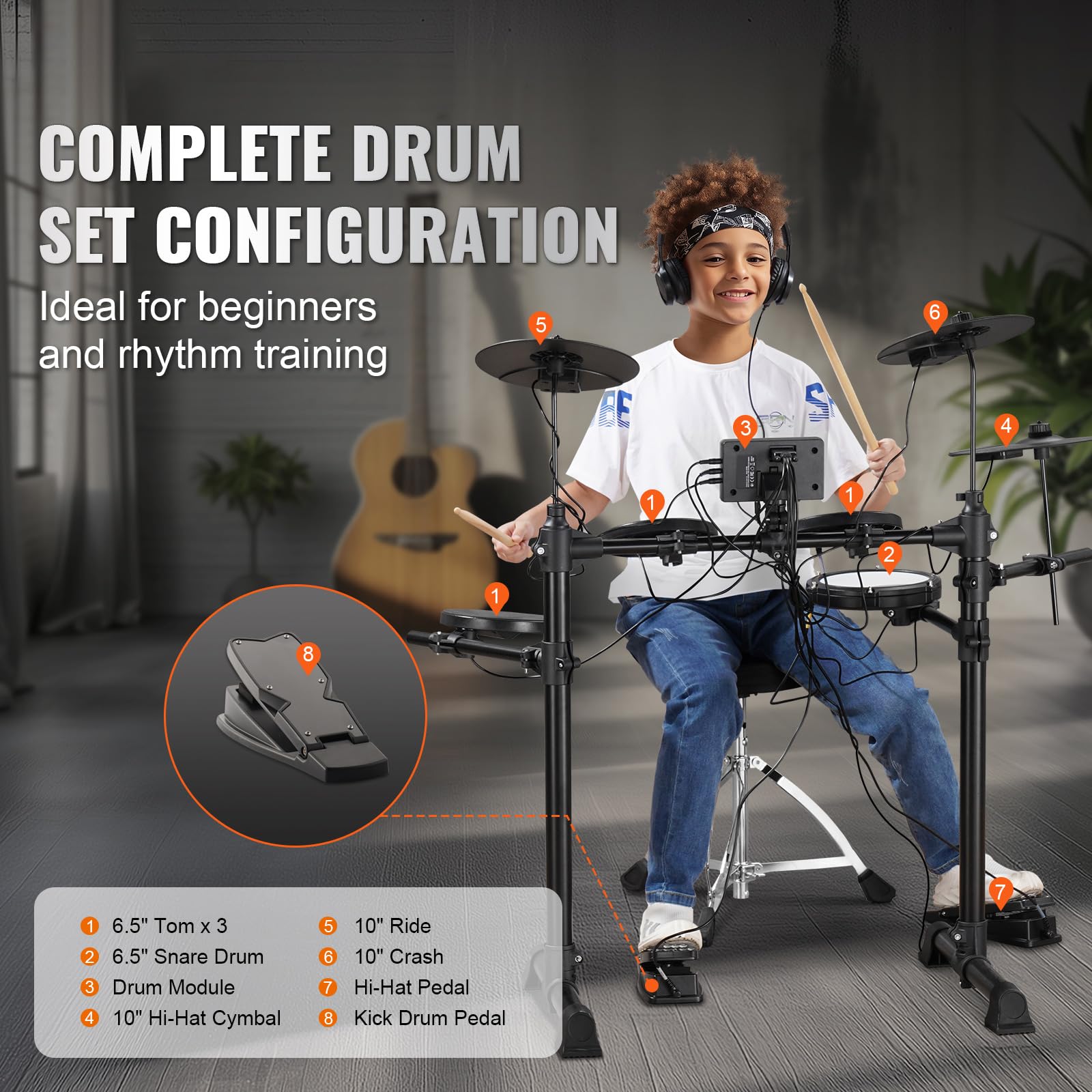 Happybuy Electric Drum Set, 15 Drum Kits & 150 Sounds Electronic Drum Kit, USB MIDI Supported 6.5 in Quiet Mesh Snare Electric Drum Set with 10 in Cymbals Sticks & Headphone