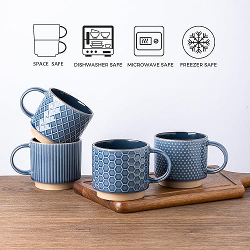 Miniatura 31 de GBHOME Tazas de café apilables de 12 onzas, tazas de café de cerámica con patrones de textura para hombre, mujer, papá, mamá, juego de 4 tazas