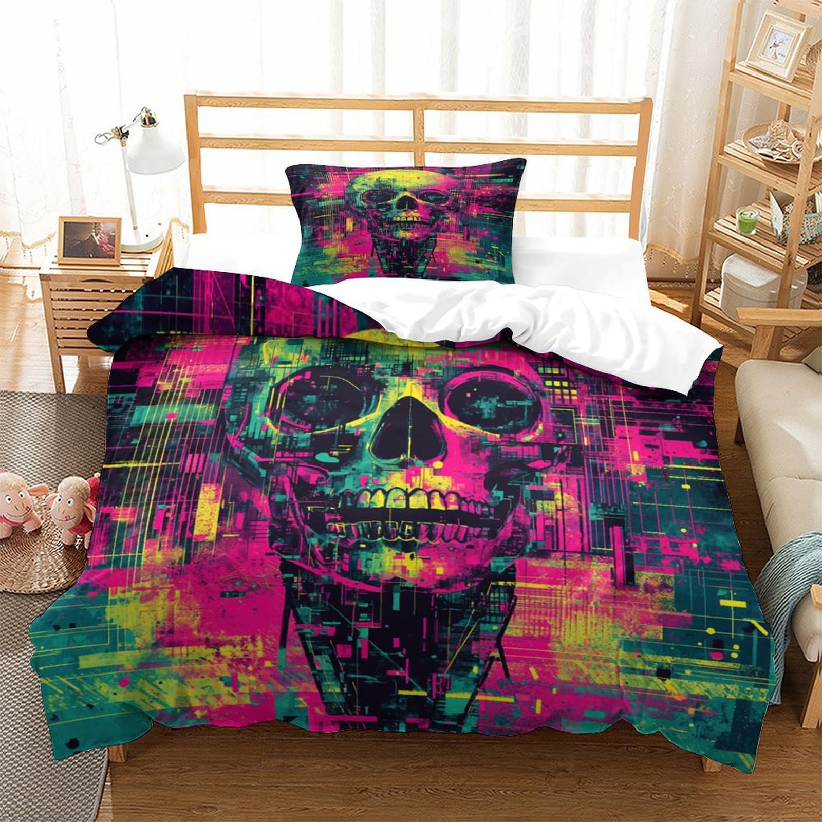 P1s9u7w5y Skull-7 Neon Punk 3D Printed Skull Duvet Cover Set 3Pcs Microfiber Artistic Bedding Set Single（135X200cm）