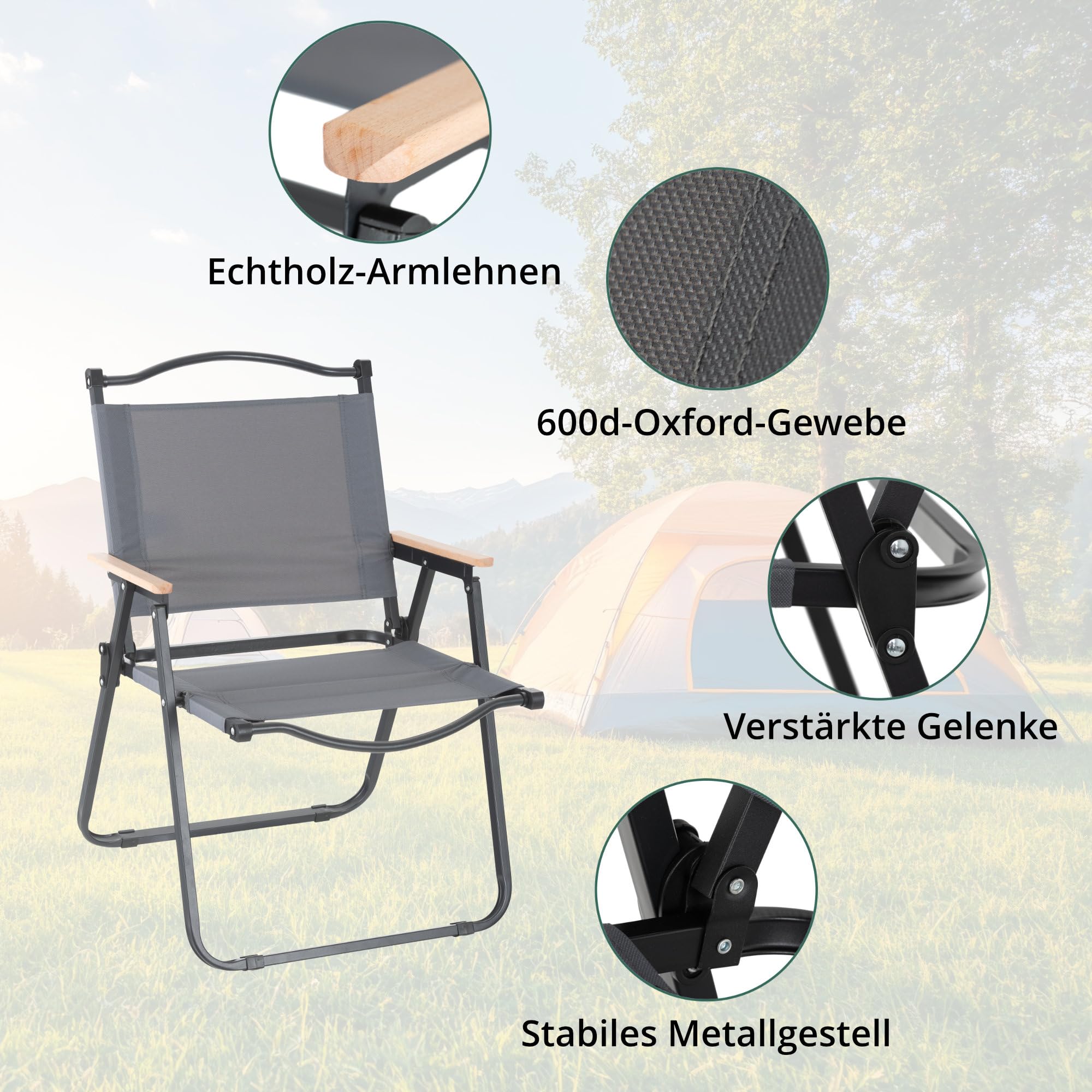 Stagecaptain Campingstuhl 2X Set faltbar leicht - Camping Klappstuhl für Garten, Balkon, Grillen - Als Angelstuhl geeignet - Festival Faltstuhl bis 120 kg - Holzarmlehnen - Campingsessel grau