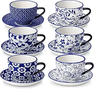 vancasso 8OZ Cappuccino Cups with Saucers, Porcelain Espresso Cups Set of 6 for Latte,Vintage Blue Coffee Cups,Tea Cup Set for Specialty Coffee Drinks, Gift, Series SELENE