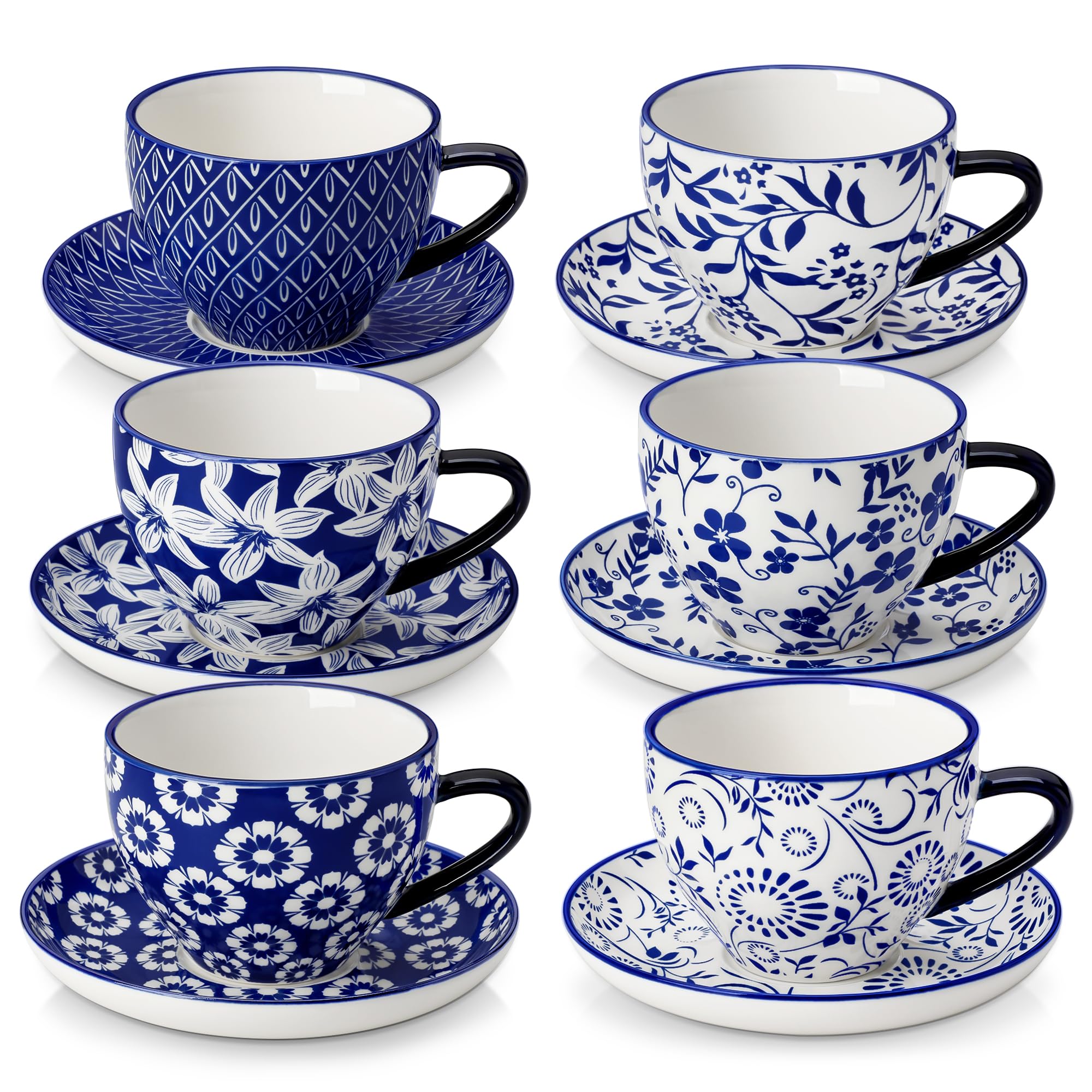 vancasso Cappuccino Tassen mit Untertassen 6er Set, SELENE 240ml Kaffeetassen aus Hochwertiges Porzellan, Spülmaschinen- und Mikrowellengeeignet, Vintage blau-weiß
