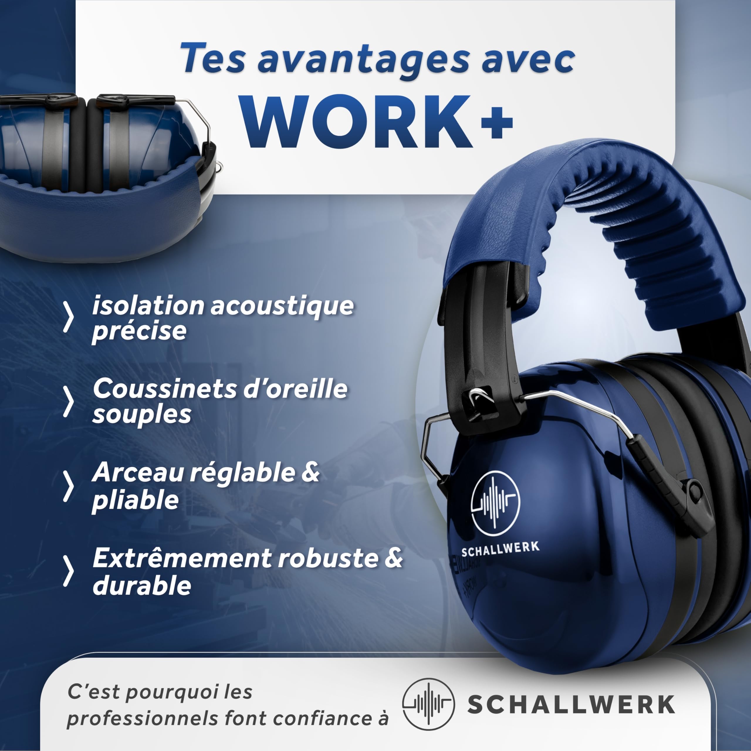 Schallwerk ® Work+ protection auditive de travail – taille des casque anti bruit ajustables – atténue le bruit et protège l'audition – idéal pour le travail et la vie quotidienne (Navy Blue)