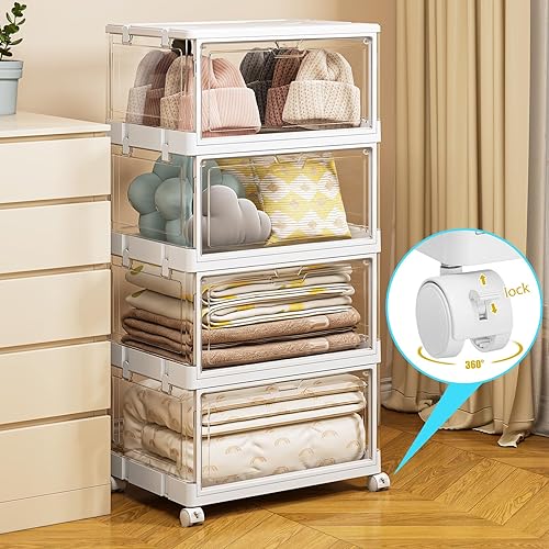 Miniatura 5 de SNSLXH Contenedores de almacenamiento transparentes con tapas y ruedas, contenedores apilables de plástico para manualidades, caja organizadora de