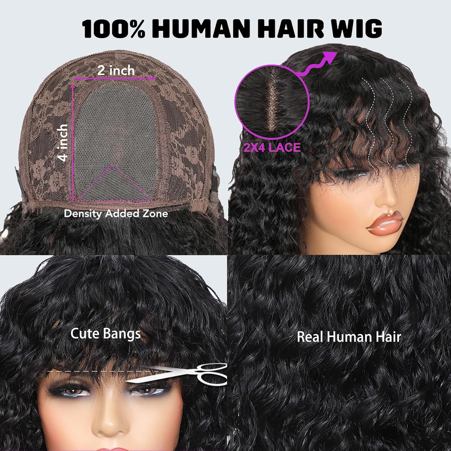 Human Hair Wig With Bangs For Women Real Human Hair Wigs Wear and Go Glueless Wig Upgrade 2x4 HD Lace Curly Deep Wave Glueless Bob Wigs Black Color 14inch