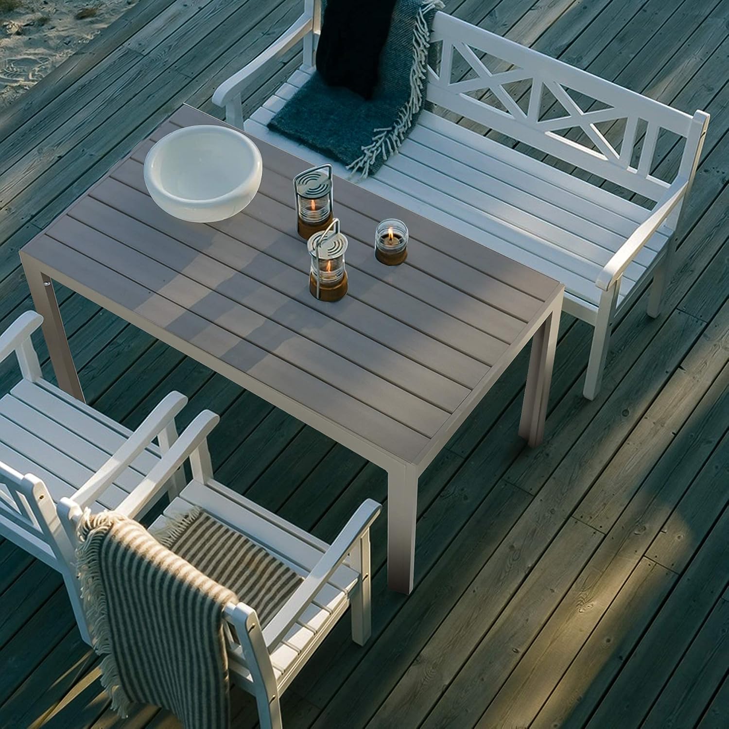Dporticus Outdoor Patio 55" Rectangular Dining Table Aluminum Frame with Grey Wood Look : Patio, Lawn & Garden