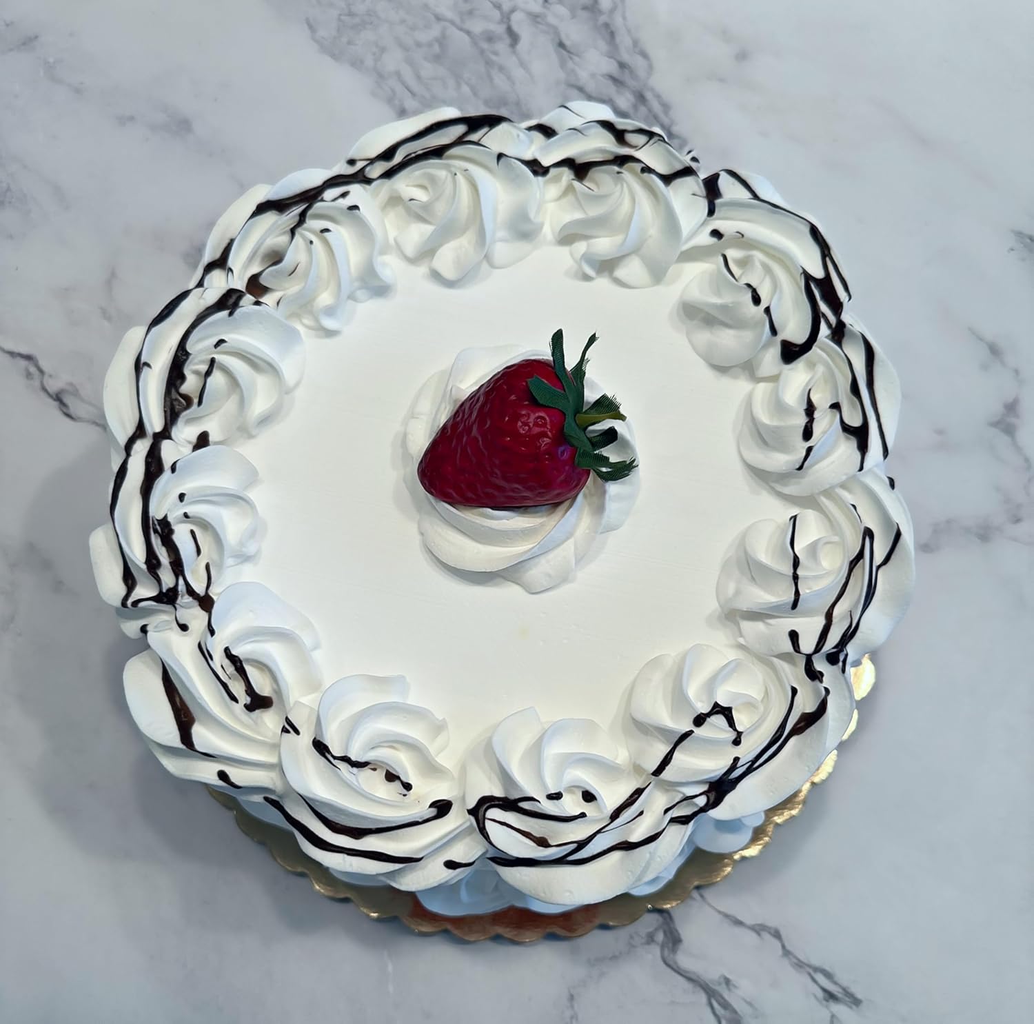 Realistic Vanilla Frosted Cake with Chocolate Drizzle & Strawberry Replica Prop Cake- Handmade by Dezicakes-Artificial for Decoration purpose only