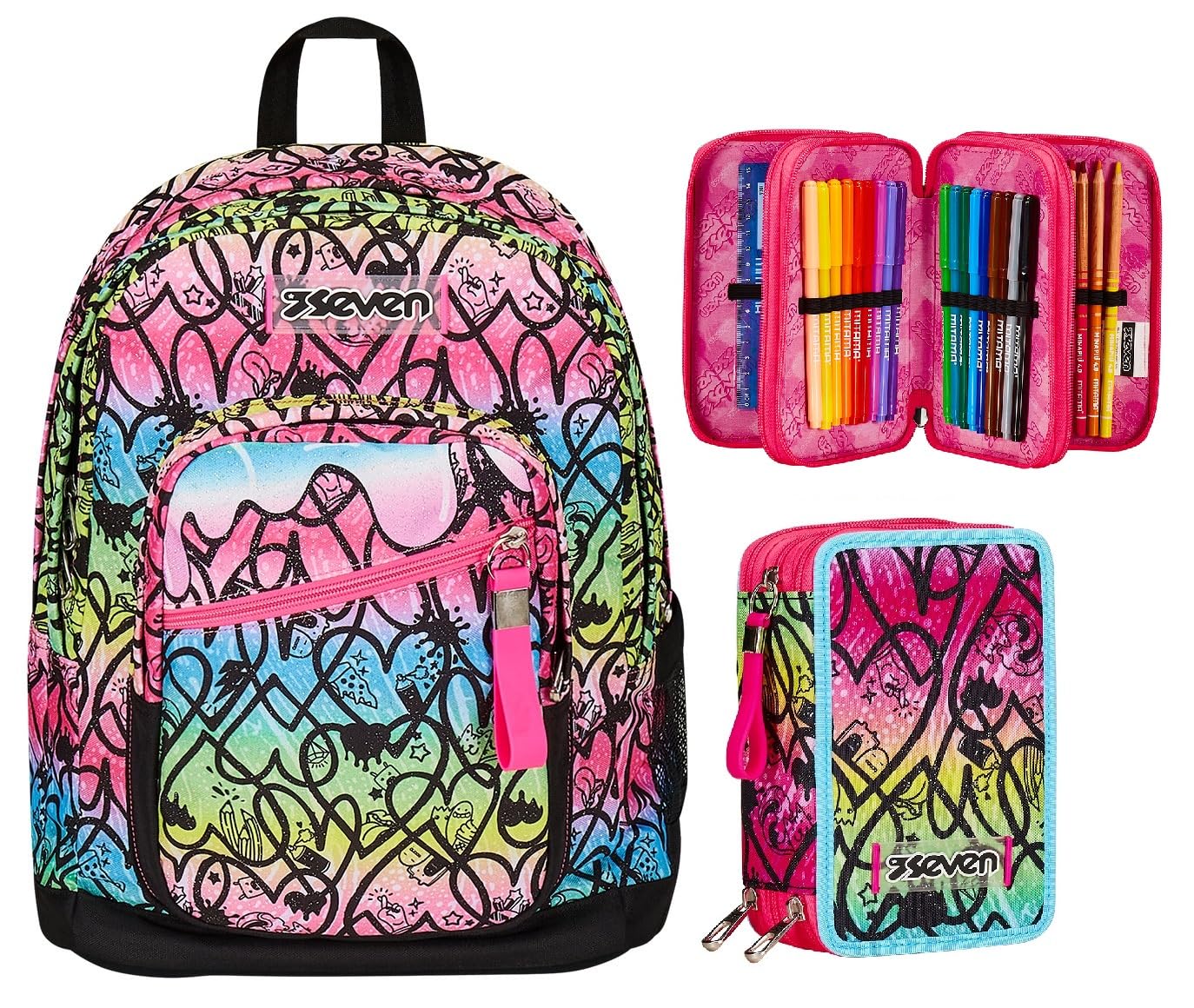 Seven Zaino Scuola Doppio Scomparto New Fit Rosa, Tasca Porta Borraccia, Maxi Capienza + Astuccio 3 Scomparti Rosa Bambina e Ragazza
