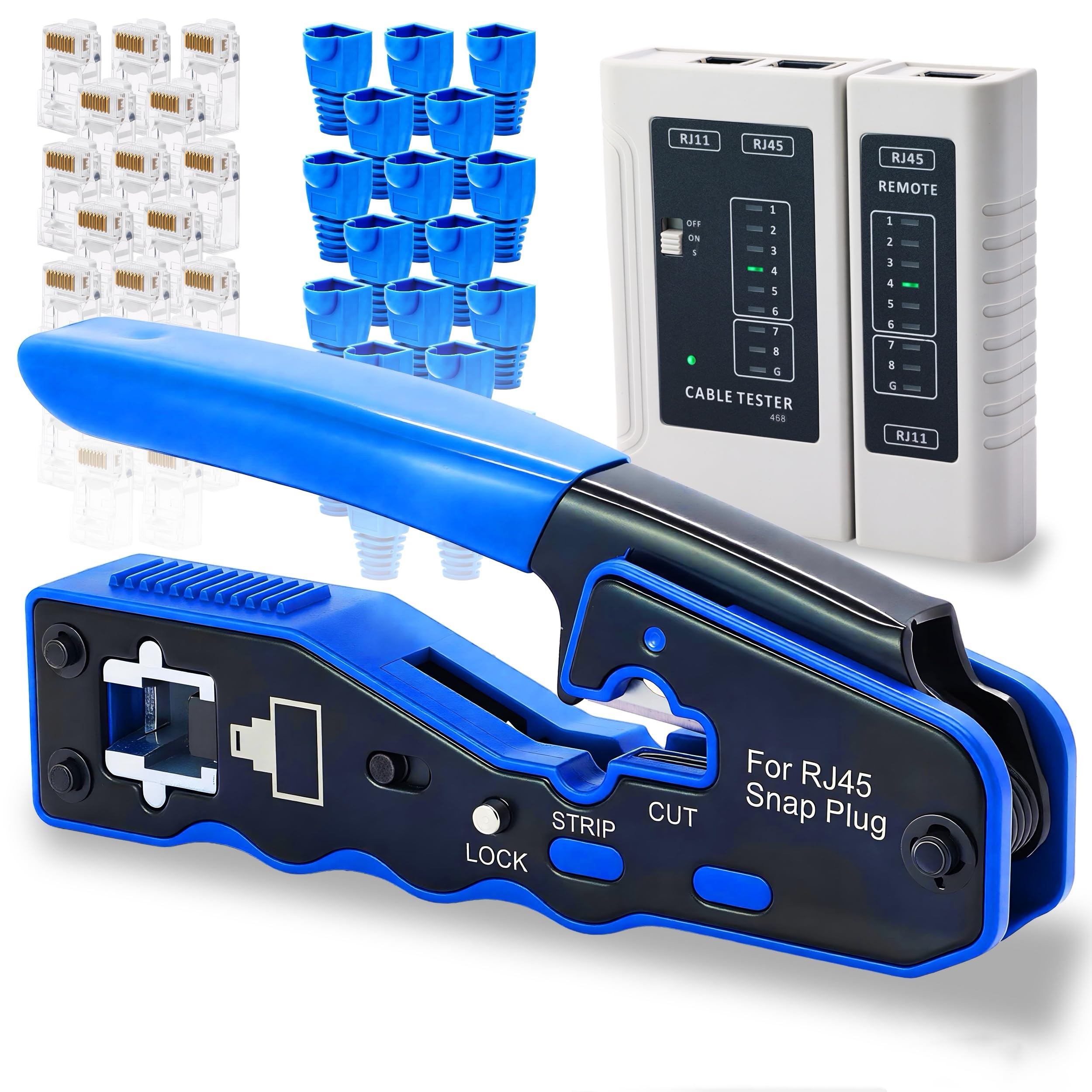 Kit d'outils à sertir RJ45 pour connecteurs modulaires Cat5e, Cat6, Cat6a, 8P8C, outil de sertissage Cat6, pince à dénuder et testeur de câble réseau (pile 9 V non incluse)