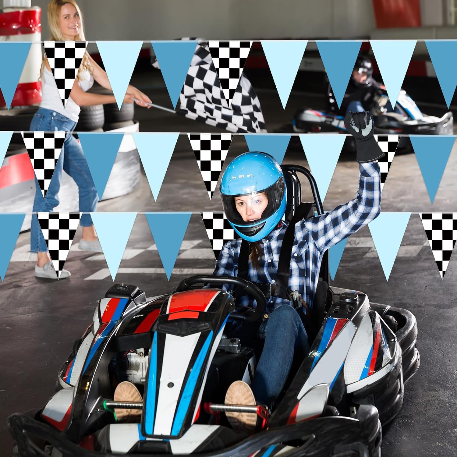 Tiamon 5 Pcs Racing Car Flag Banner Party Decorations Dusty Blue Black with Checkered Triangle 49.2 ft Flag Race Car Pennant Banner Garland Streamer for Birthday Baby Shower 2nd Two Fast Party Supply