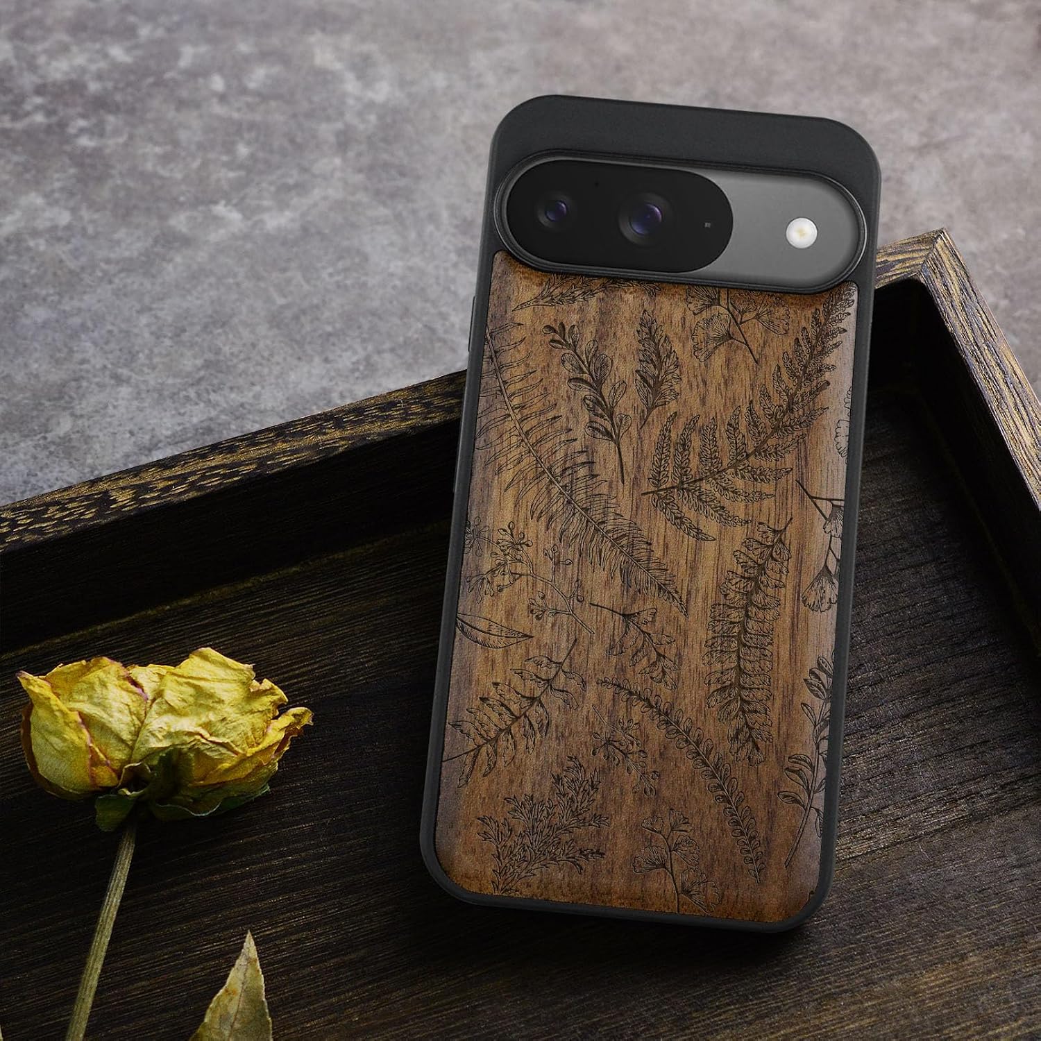 Carveit Magnetic Wooden Case for Google Pixel 9 Case, Wood Artisan Engraved & Soft TPU Shockproof Cover, Compatible with MagSafe Wireless Chargers (Fern Leaves & Herbs) Walnut