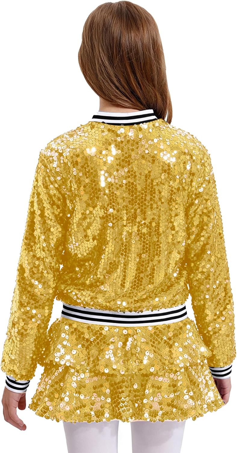 Hularka Sequin Mini Skirt Set for Girls with Zip Up Bomber Jacket Sparkly Glitter Dance Outfits 2 Piece