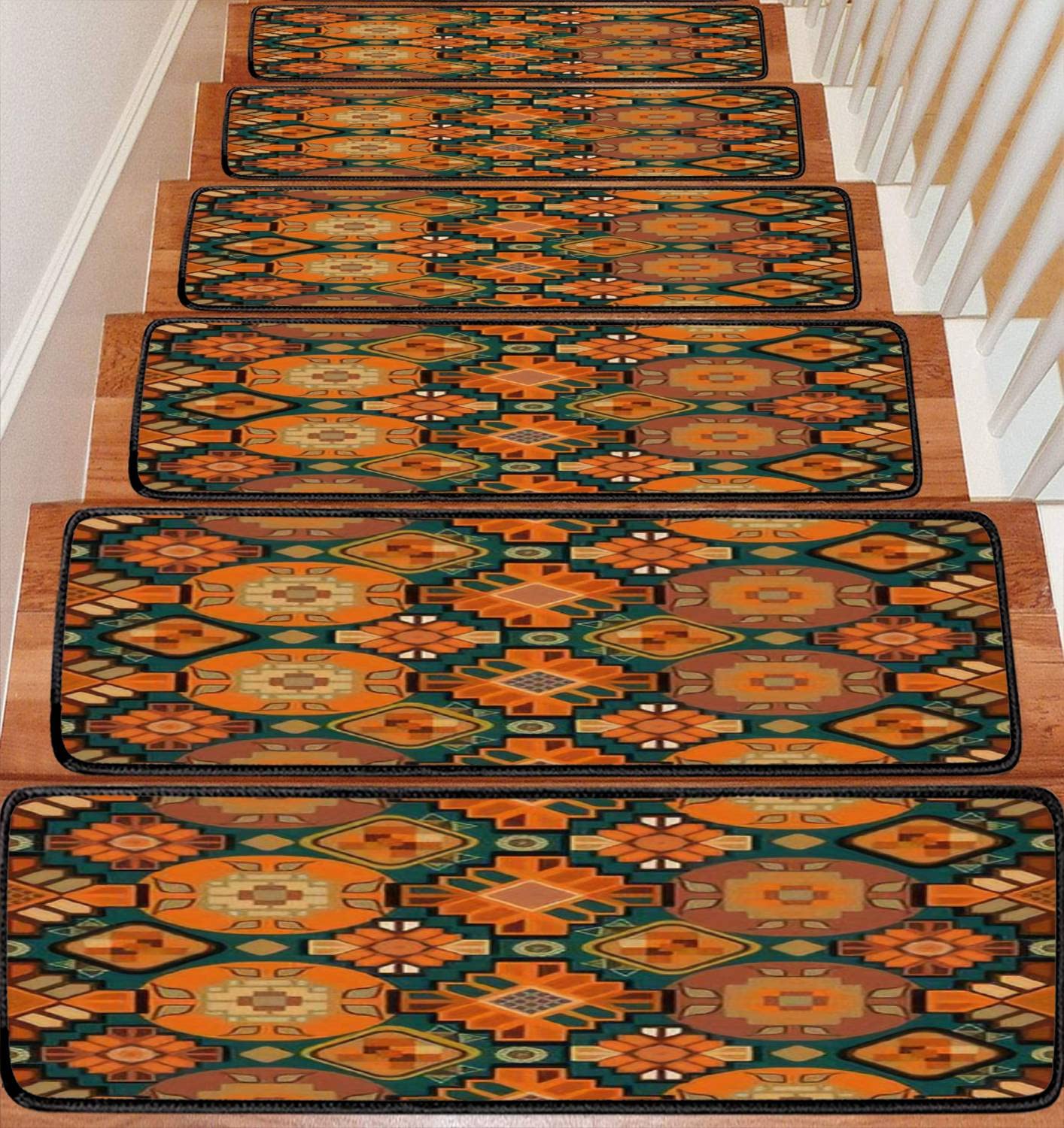 Stair Treads Carpet Set of 13 Seamless Ethnic ikate Folklore Carpet a Bright Geometric Ornament Non-Slip Self-Adhesive Safety Rug Stair Mats Step Runner Indoor Wooden Steps for Kids Dogs 30"x8"