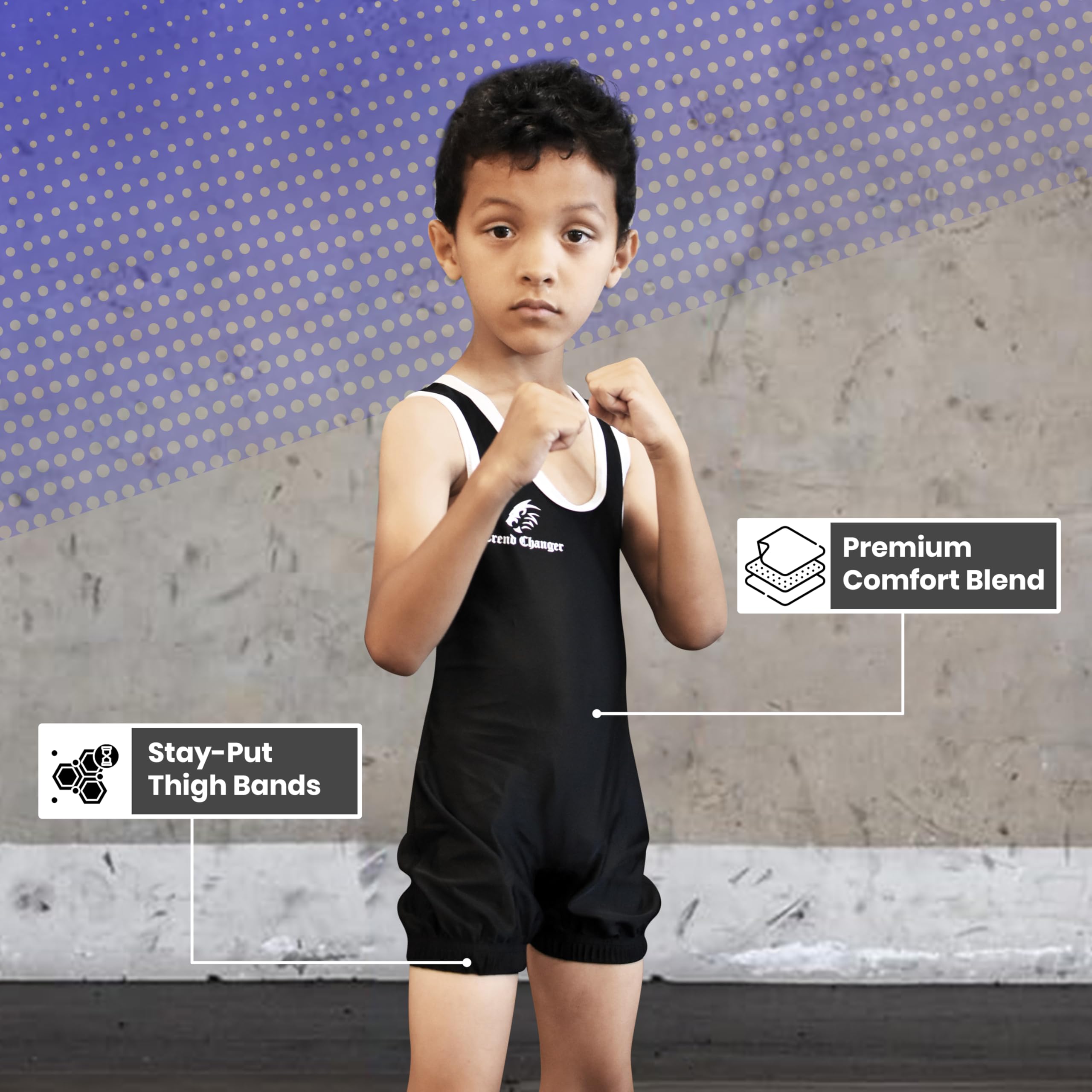 Trend Changer Kids Wrestling Singlet, Unisex, Comfortable, Breathable, Stretchable For Training & Gymnastics (Black/White, Medium (Youth))