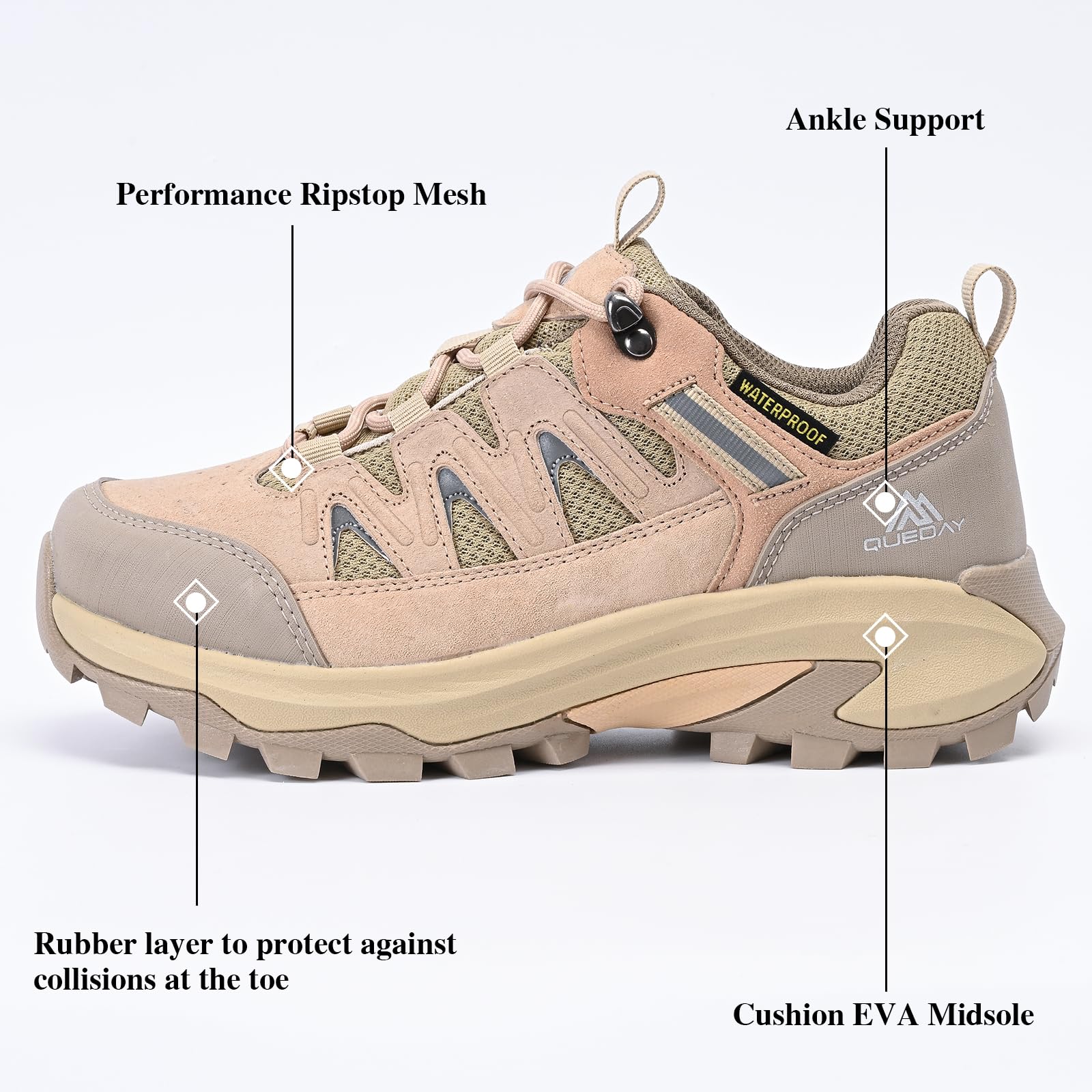 Queday Wasserdichte Wanderschuhe für Herren und Damen, leicht, Outdoor-Wanderschuhe, atmungsaktives Wildleder, Wandern, Trekking, Camping, Klettern