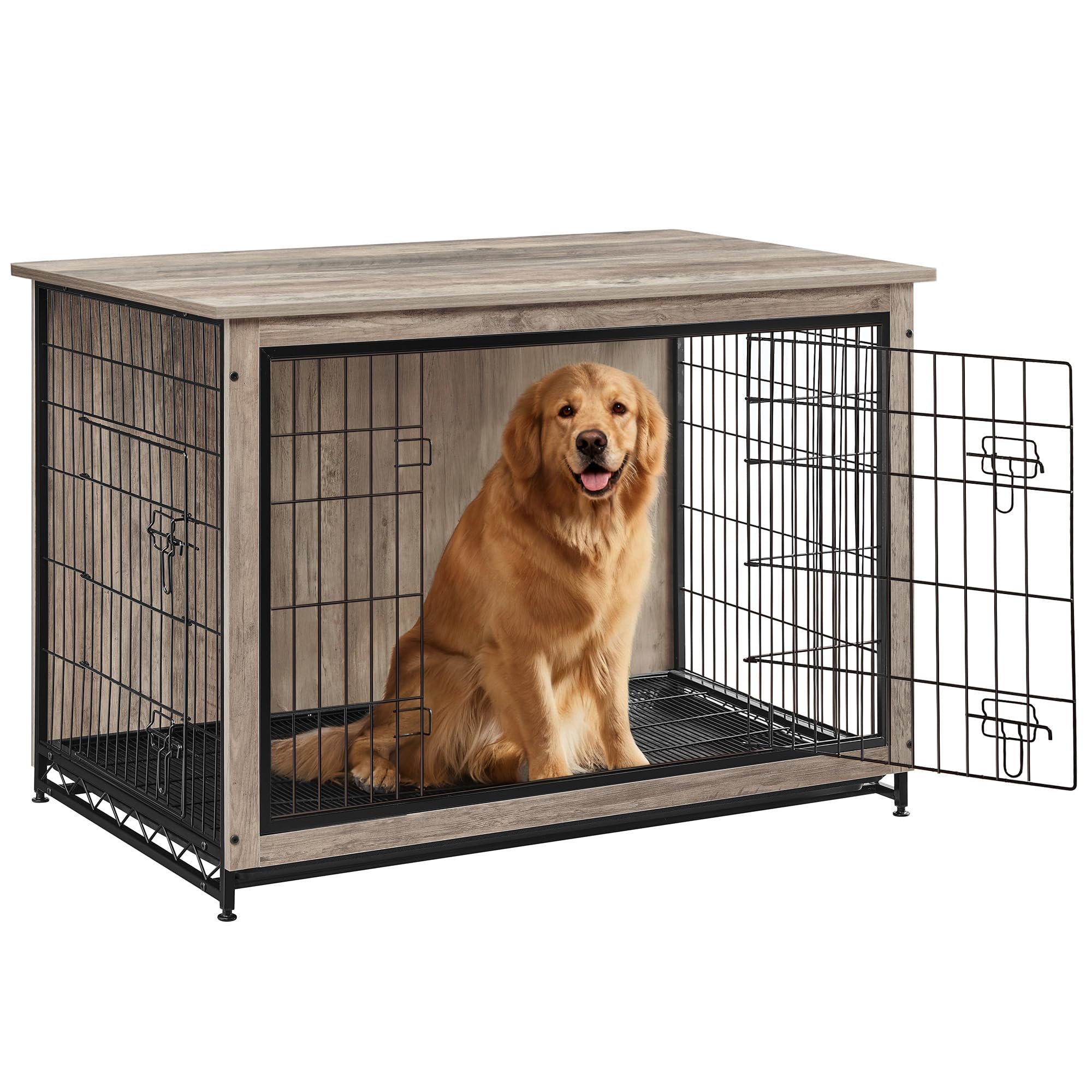 Photo 1 of Feandrea 44.1" Dog Crate Furniture, Indoor Dog Cage Side End Table, XL Pet Wood Kennel for Large and Medium Dogs up to 80 lb with Multi-Purpose Removable Tray, Double-Door Pet House, Greige