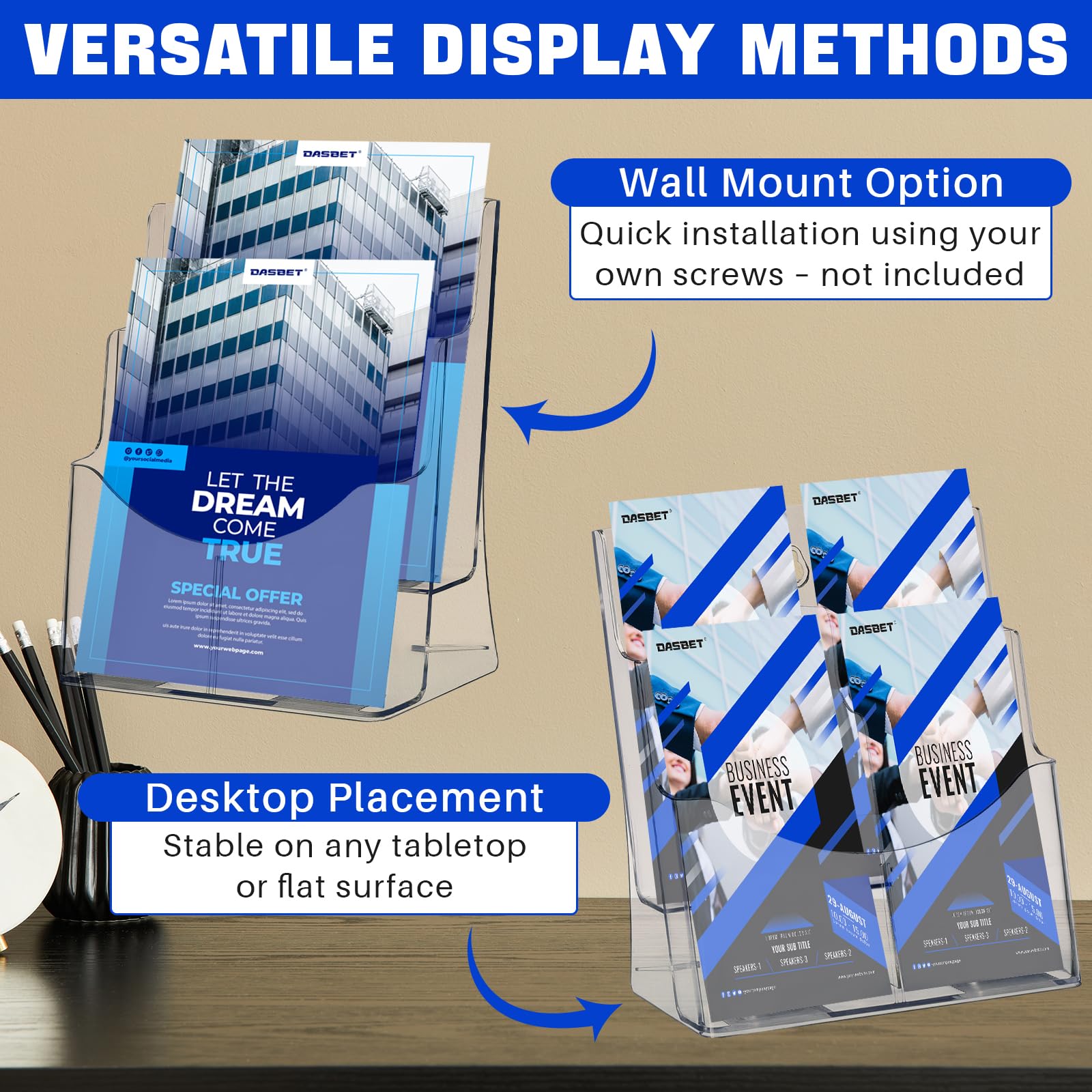 DASBET Lot de 2 supports de brochures A4 en acrylique à 2 niveaux pour bureau et support mural pour brochures A4 pour magazines, brochures, dépliants, littérature