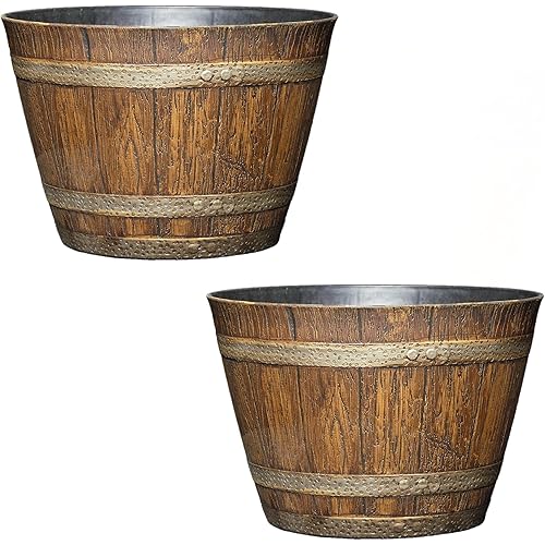 Classic Home and Garden Outdoor Round Whiskey Resin Flower Pot Barrel Planter, Distressed Oak Brown, 15" (Pack of 2)