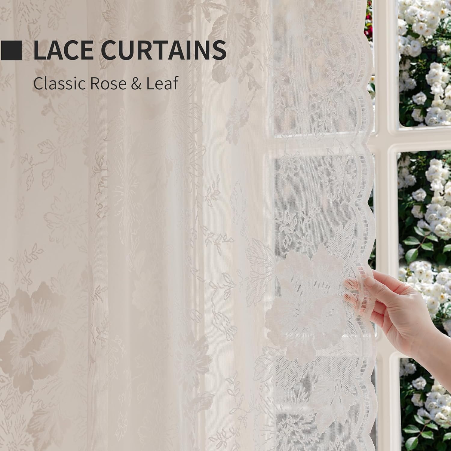 Ivory Vintage Lace Curtains 102 Inches Long Sheer Scalloped Edge Floral Drapes for Living Room Bedroom Rod Pocket Light Filtering Victorian Lace Curtains for Dining Room, Cream, 55"x 102" 2 Panels