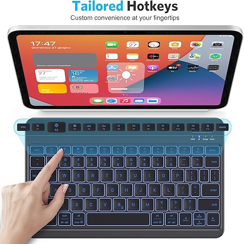 Miniatura 8 de Emetok Teclado Bluetooth para iPad con teclas de tamaño amplio y retroiluminación de 7 colores para máxima comodidad de escritura, compatible con