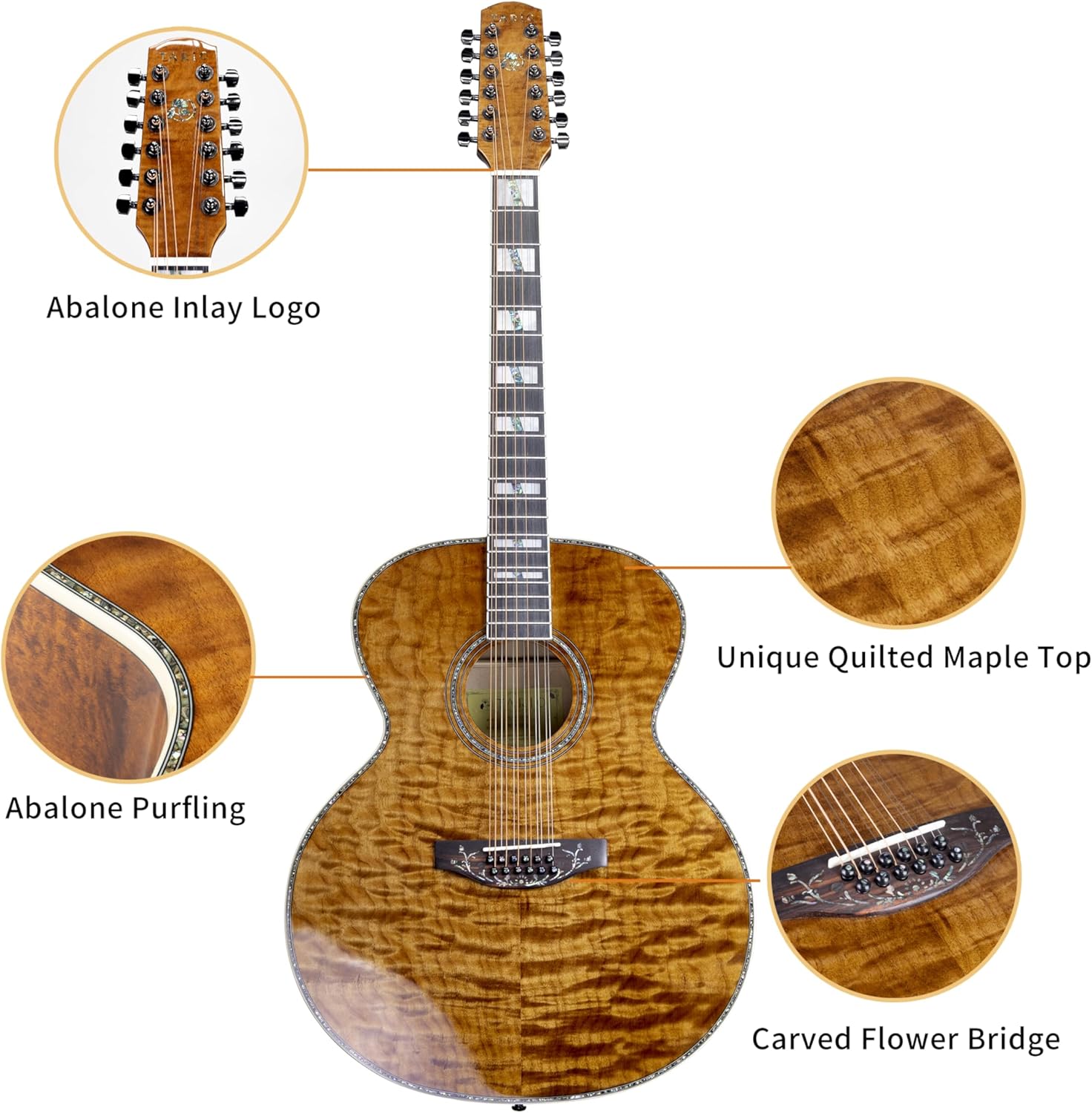 TARIO 12 Strings Acoustic Jumbo Body Guitar Quilted Maple body Maple Neck Natural