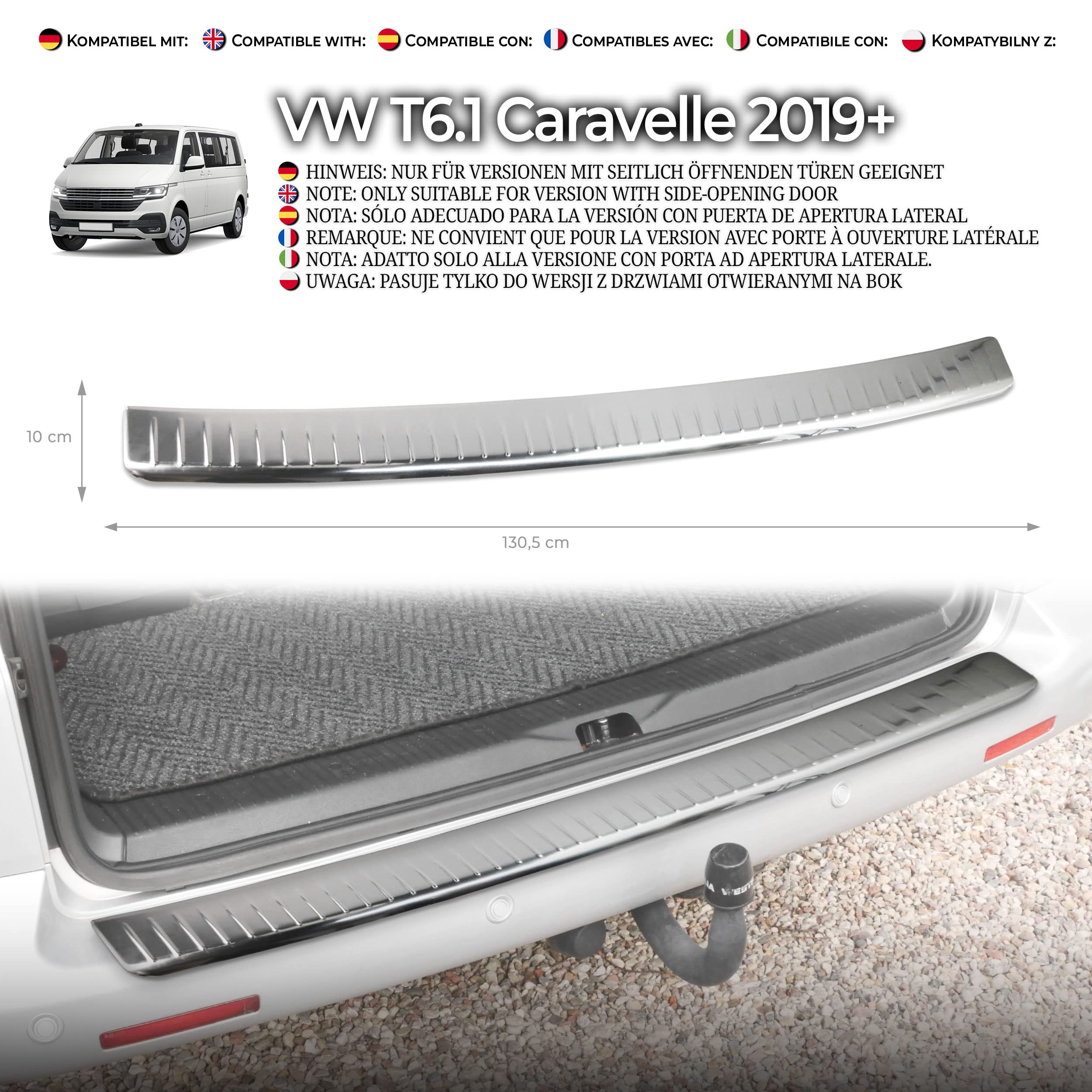 CHROMEMASTER - Accessori per Auto; Protezione paraurti Posteriore - Compatibile con VW T6.1 Caravelle dal 2019 | Acciaio inossidabile lucidato - Protezione Paraurti Protegge la Vernice del Paraurti
