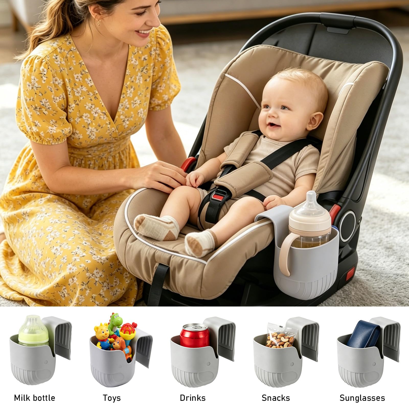 2 Stück Getränkehalter Kindersitz, Universal Becherhalter Kindersitz aus ABS-Kunststoff, Kinder Getränkehalter Autositz Flaschenhalter für Babyschalen, Kinderwagen, Rollstühle und Autos (Grau)