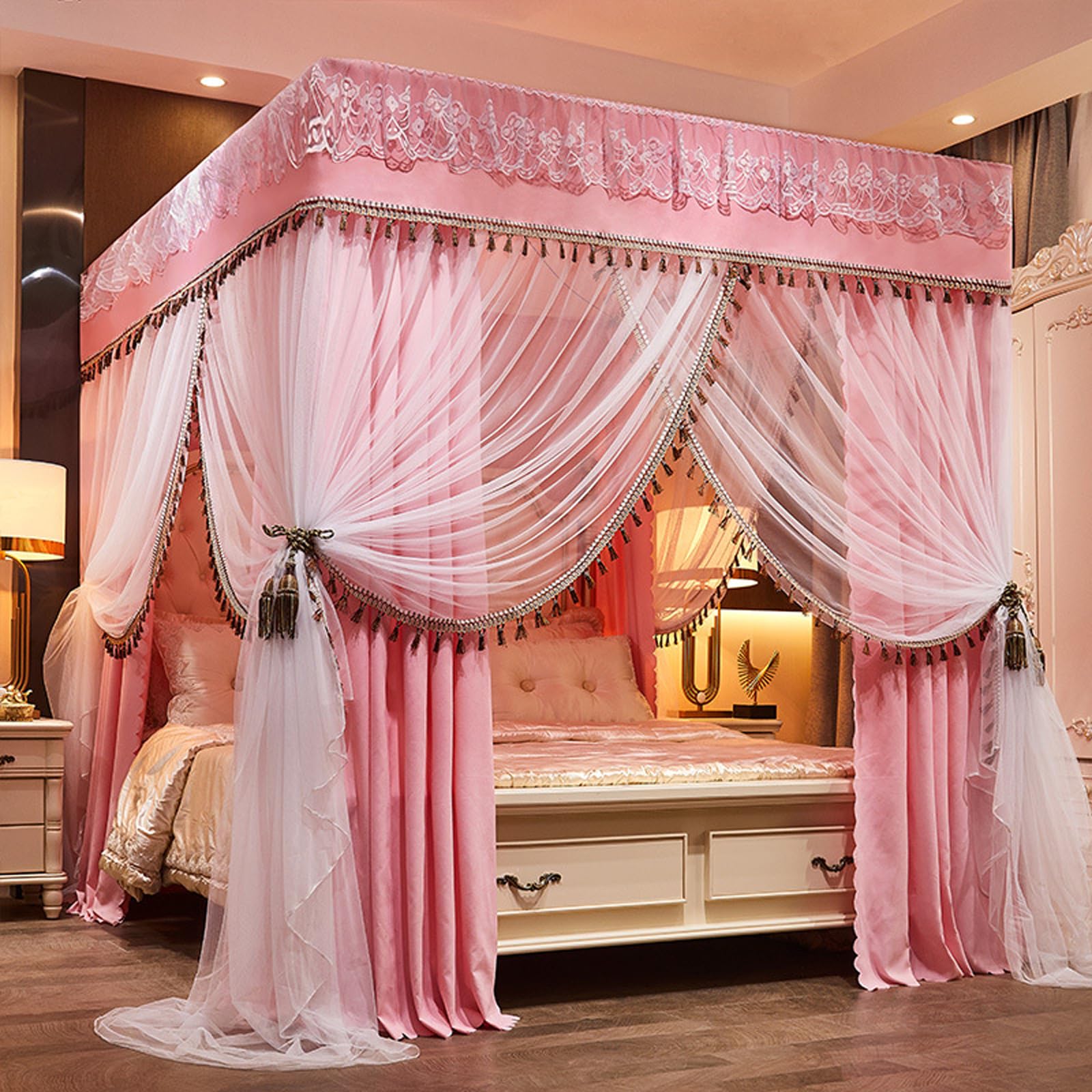 Peakjune Double Layer Cozy Mosquito Net,Princesses Bed Curtains Canopy,Beds Canopy Canopys Bed Curtains,Four Corners Posts Canopys Bedes Curtain,Blackout Kingsize Beds Canopyes