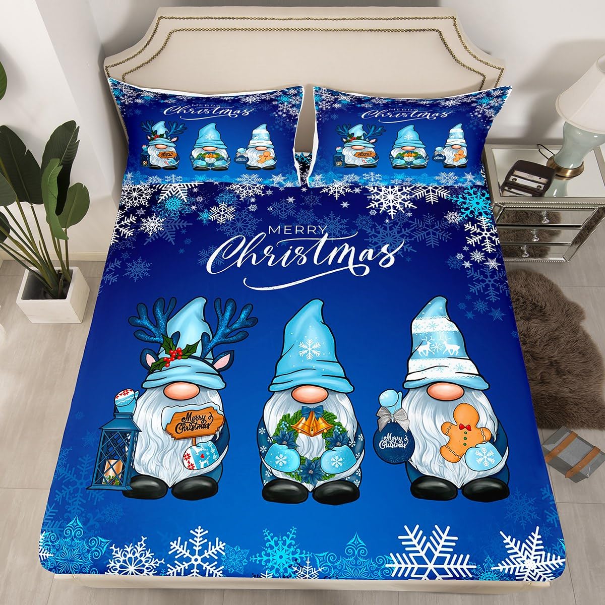 Cute Gnomes Fitted Sheet Double Size, Blue White Snowflake Bedding Set 3pcs for Kids Boys Girls Adults, Christmas Theme Blue Bed Cover with 2 Pillowcases, Soft Polyester Bedding — image 1