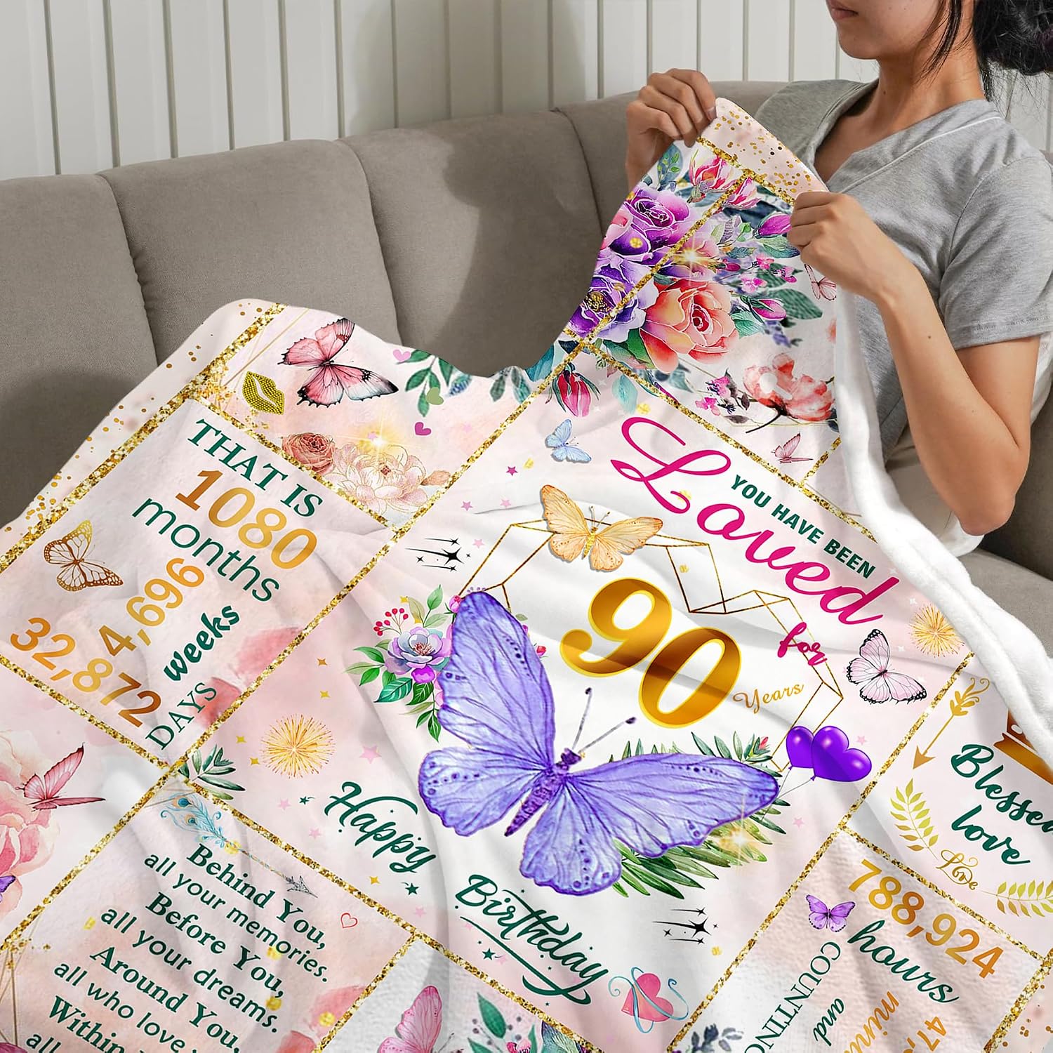 90th Birthday Gifts for Women, Super Soft Unique Fun Purple Butterfly Flower Blanket Gifts for Anniversary Christmas, 90th Birthday Decorations for Women, Cozy Warm Plush Fuzzy Fleece Blanket 60"x50"
