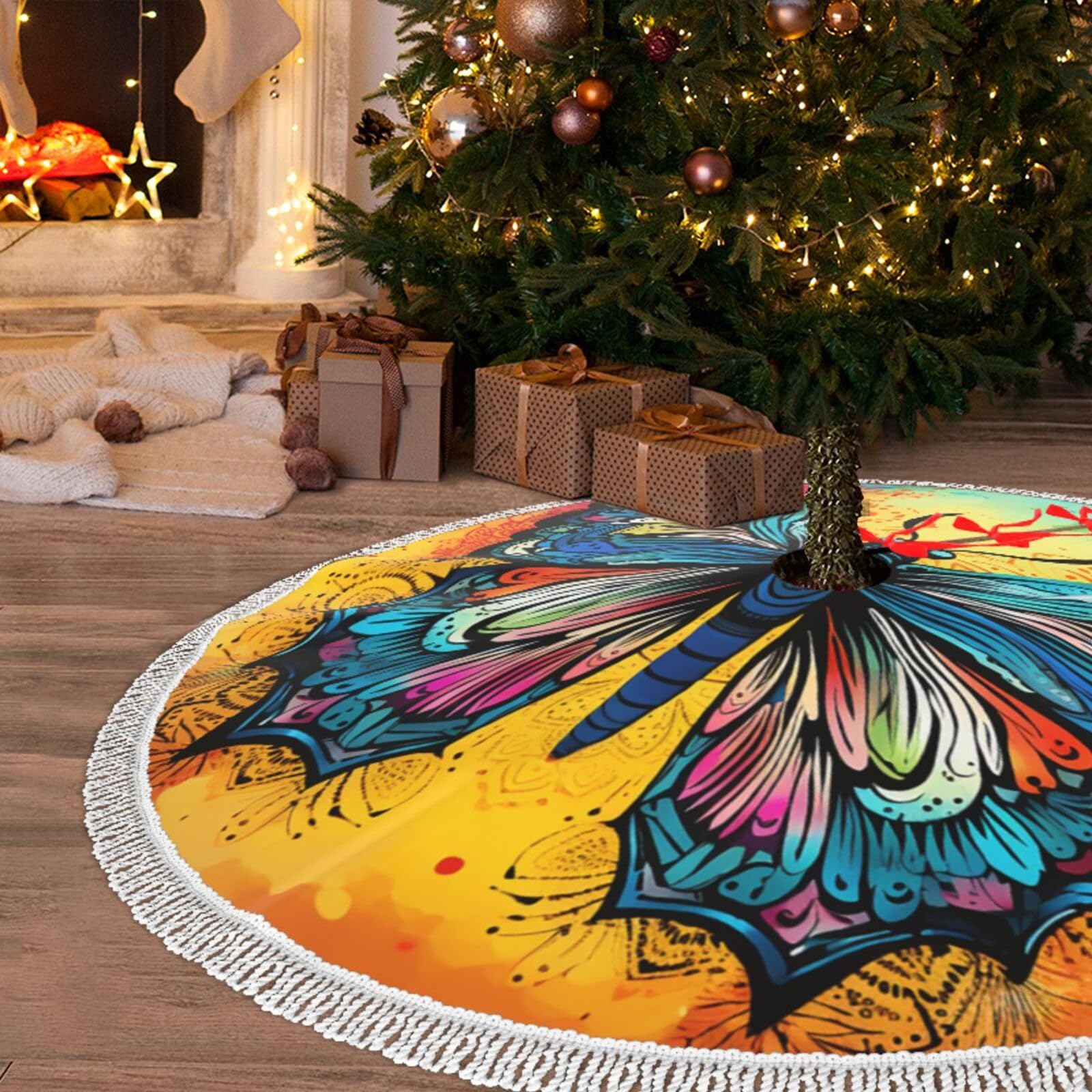 Jupe de sapin de Noël 91cm tie-dye papillon avec pompons pour tapis déco fêtes