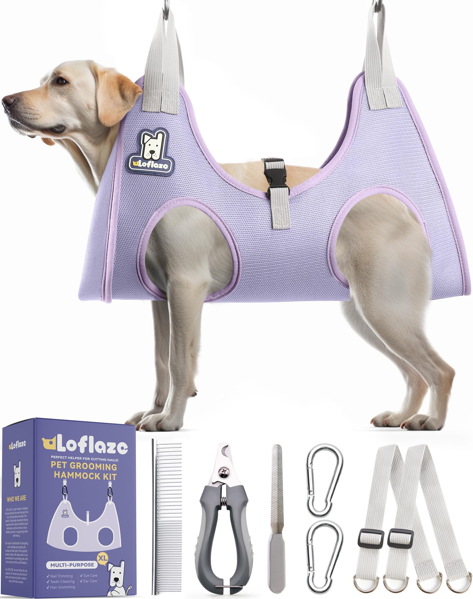 Loflaze Dog Grooming Hammock Harness for Dogs & Cats with Pet Nail Clipper Trimmer - Cat Hanger Sling for Trimming Clipping Nails- Dog Hammock Restraint Bag for Small Medium Large pet （ Purple XL）