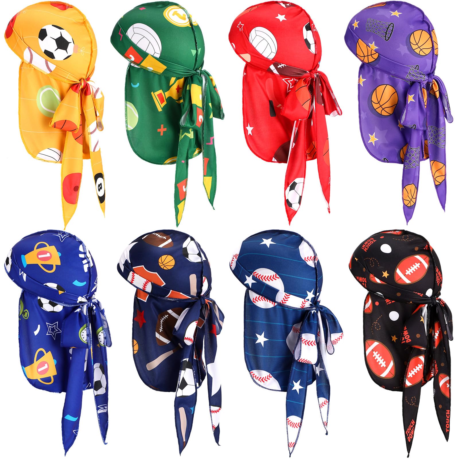 Leumoi 8 Stück seidige Durags für Jungen, Sportball-Thema, langer Schwanz, Satin-Headwrap für Babys, Kleinkinder, Kinder, Nicht spezifisch angegeben, 1 Count (Pack of 8)