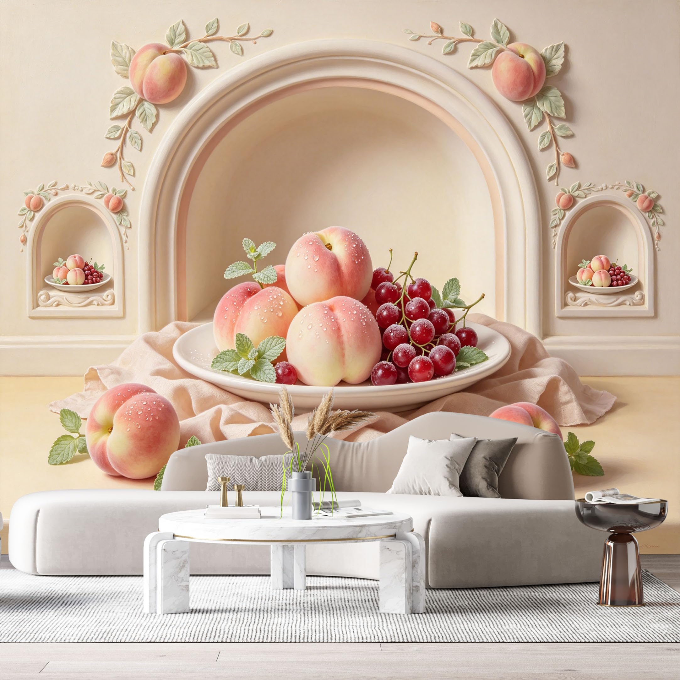 Custom Size Wall Murals Peach Grapes Fruit Still Life Oil Painting 3D Trompe L'Oeil SelfAdhesiveWall Fabric Removable Wallpaper Wall Decor for Living Room Bedroom Bathroom